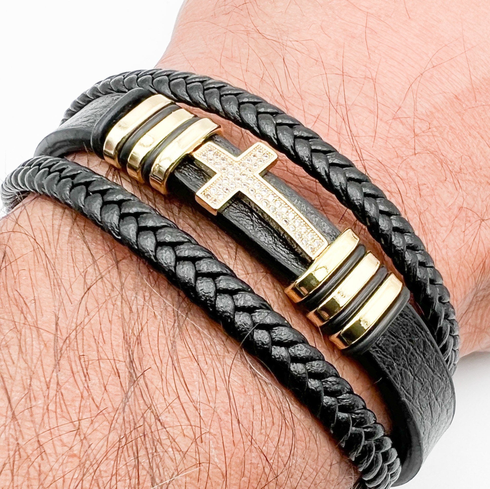 Men's Black Leather Bracelet with Classic Cross and Cubic Zirconia