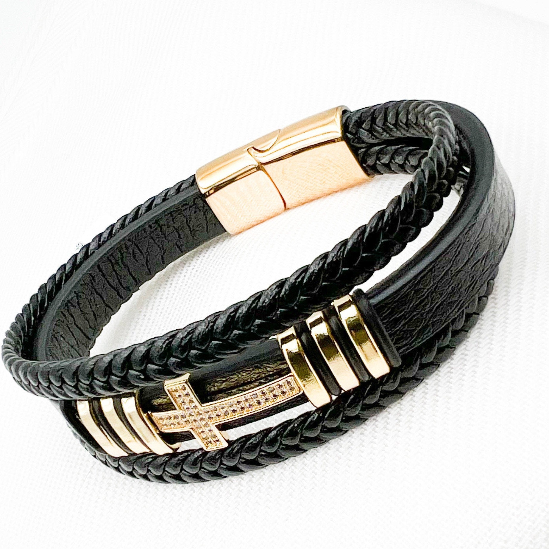 Men's Black Leather Bracelet with Classic Cross and Cubic Zirconia