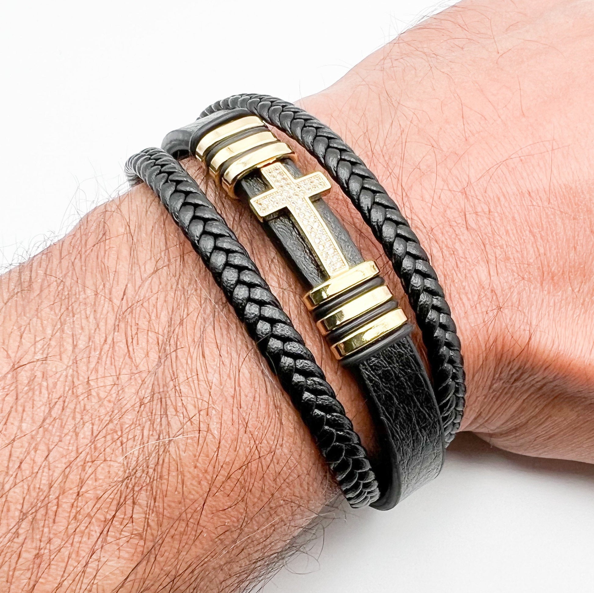 Men's Black Leather Bracelet with Classic Cross and Cubic Zirconia