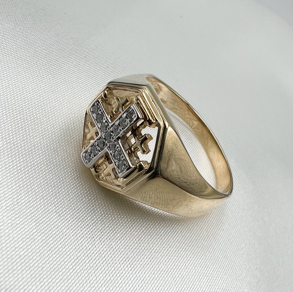 Jerusalem Cross Ring in 14k Gold with 13 Diamonds 0.20ct
