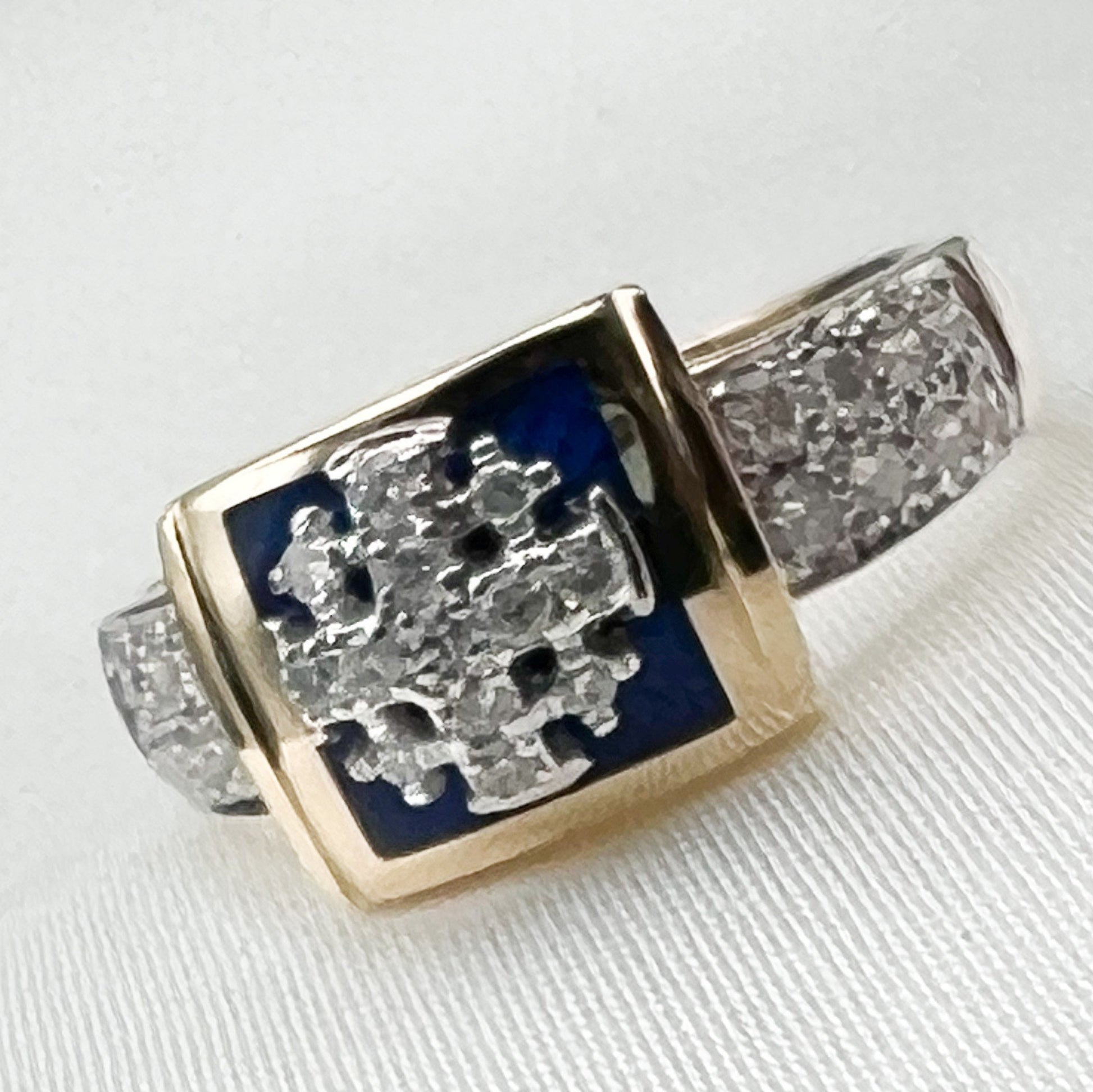 Elegant Jerusalem Cross Ring in 14k Gold, Blue Enamel and Diamonds