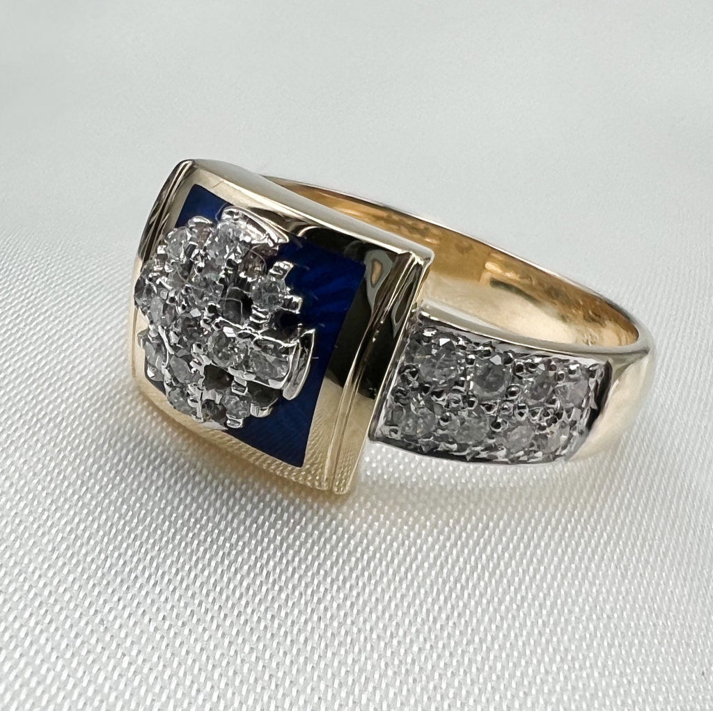 Elegant Jerusalem Cross Ring in 14k Gold, Blue Enamel and Diamonds