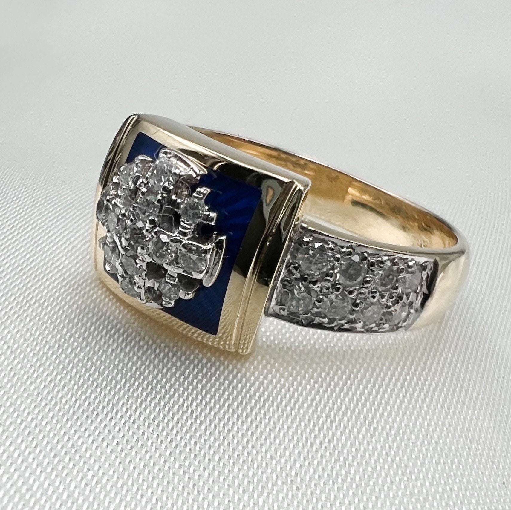 Elegant Jerusalem Cross Ring in 14k Gold, Blue Enamel and Diamonds