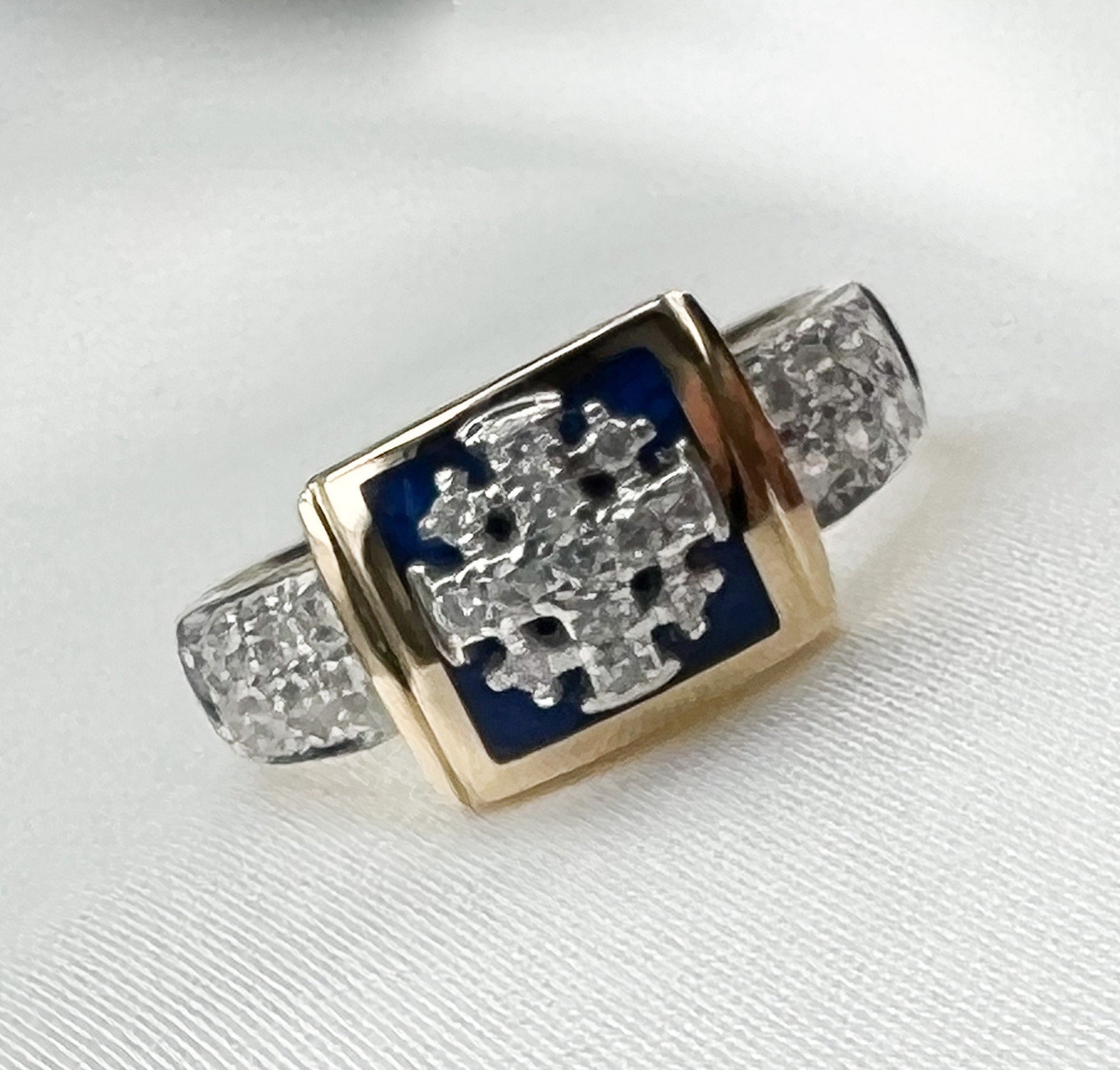 Elegant Jerusalem Cross Ring in 14k Gold, Blue Enamel and Diamonds