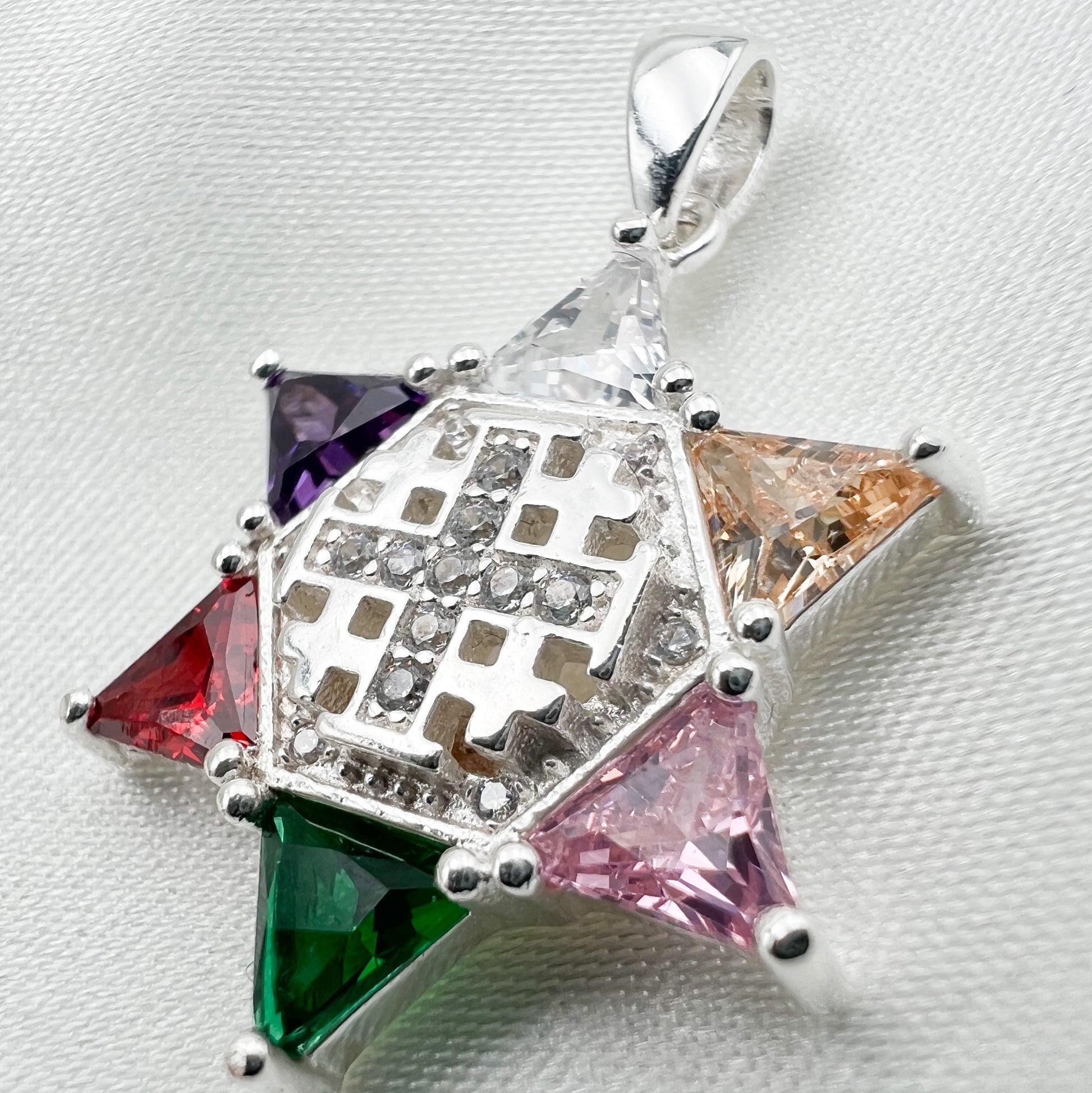 Colorful Gemstones David Star and Jerusalem Cross Pendant in Sterling Silver