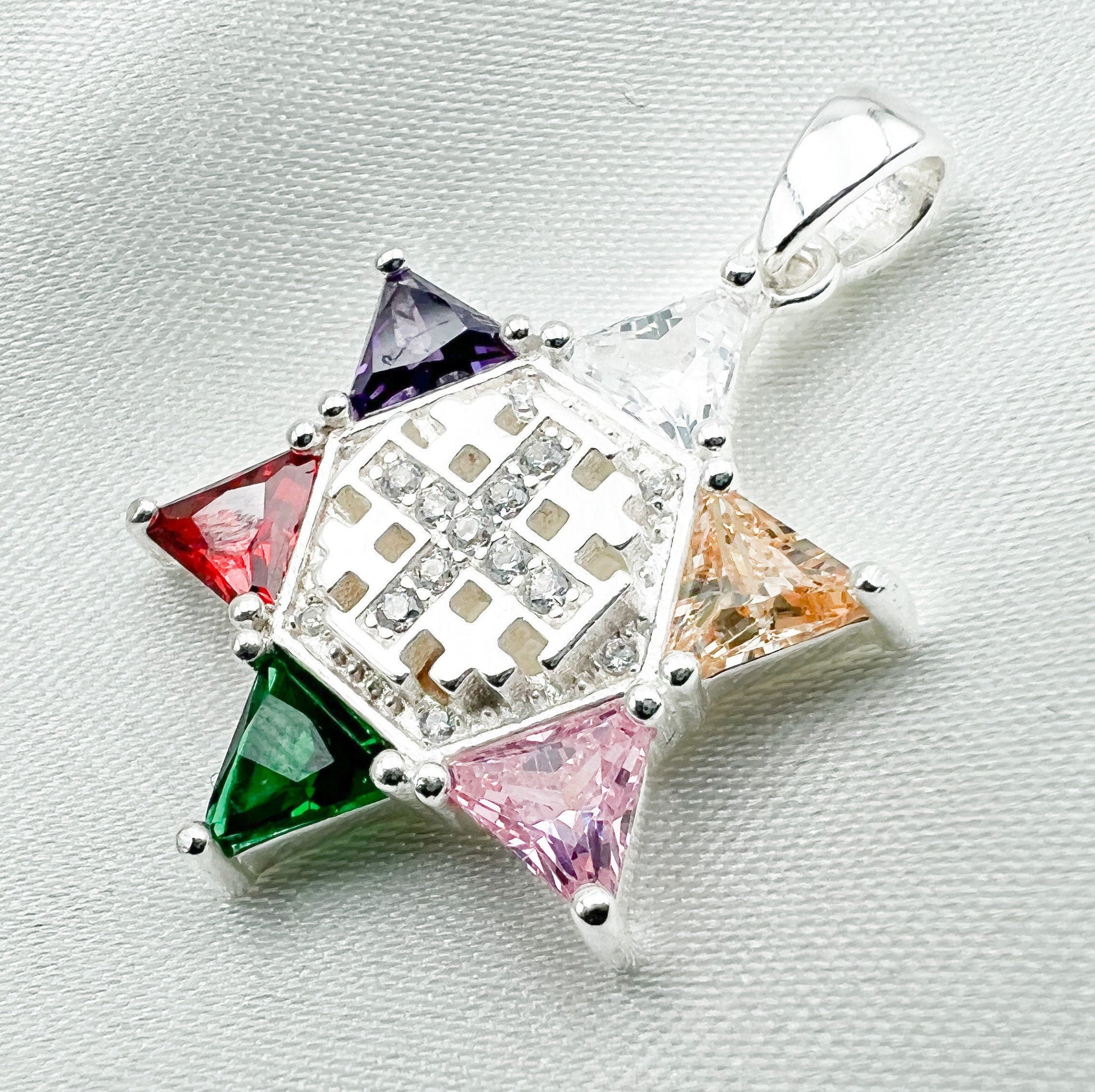 Colorful Gemstones David Star and Jerusalem Cross Pendant in Sterling Silver