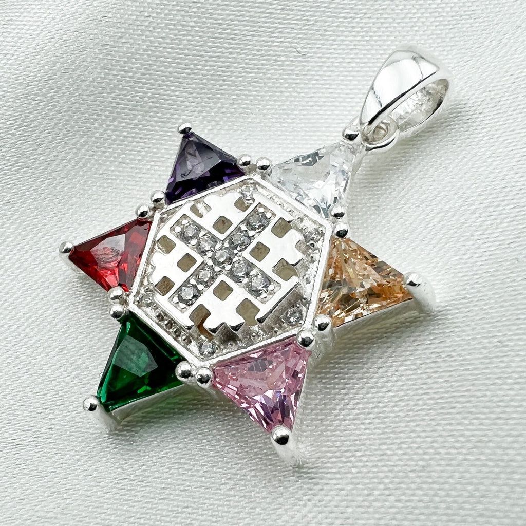 Colorful Gemstones David Star and Jerusalem Cross Pendant in Sterling Silver
