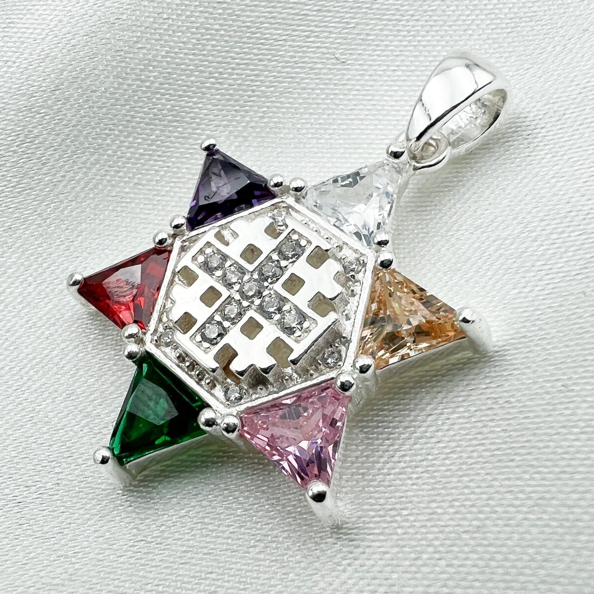 Colorful Gemstones David Star and Jerusalem Cross Pendant in Sterling Silver