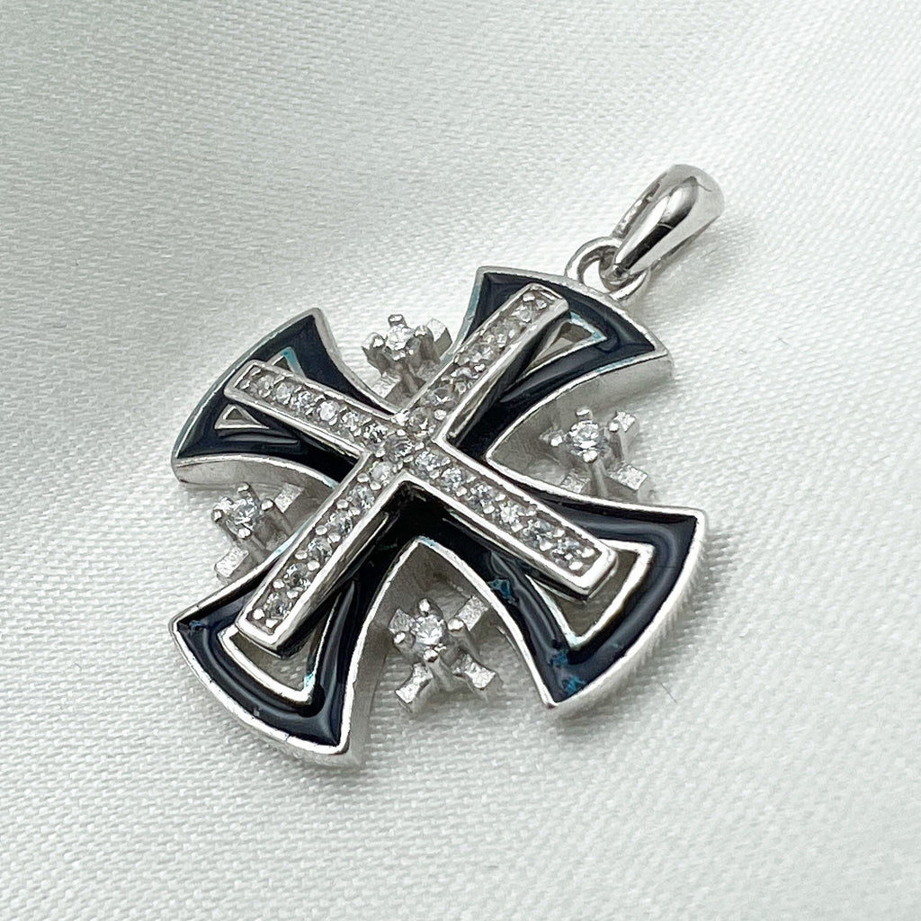 Jerusalem Cross Pendant with Zircons and Blue Enamel in Silver 925