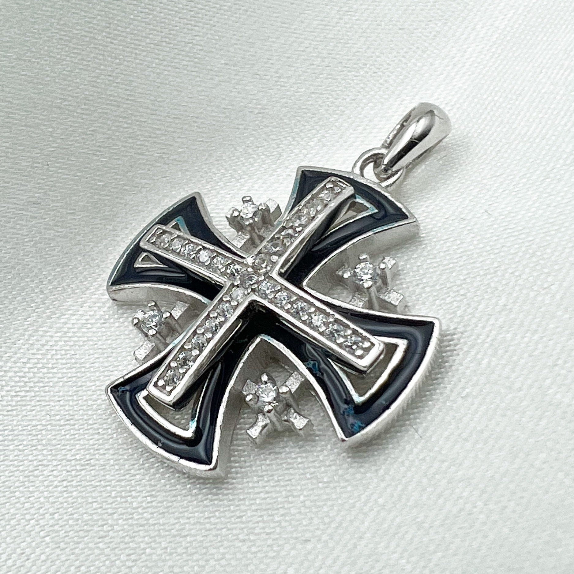 Jerusalem Cross Pendant with Zircons and Blue Enamel in Silver 925