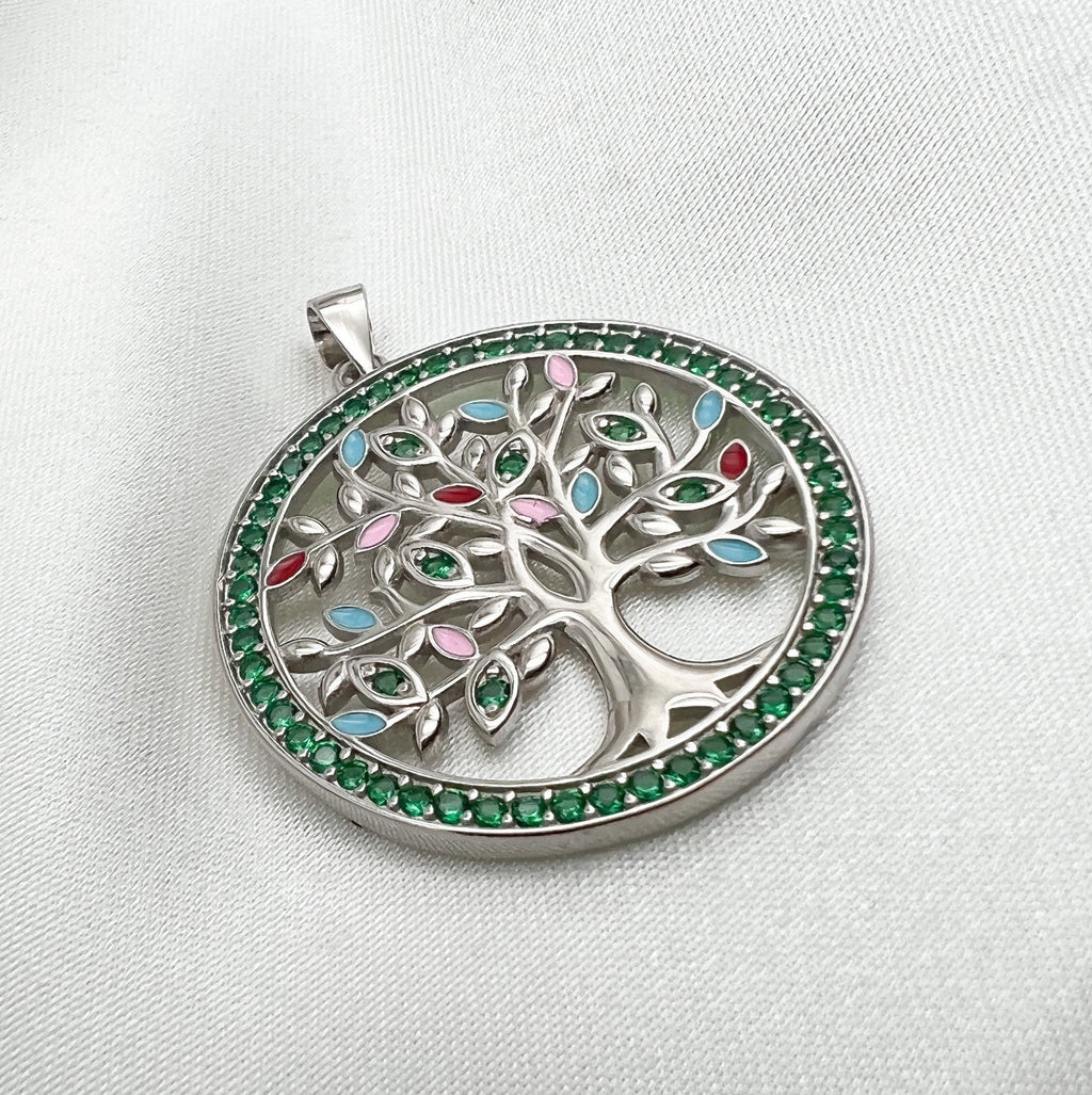 Colorful Tree of Life Pendant in Silver 925 with Zircons and Enamel