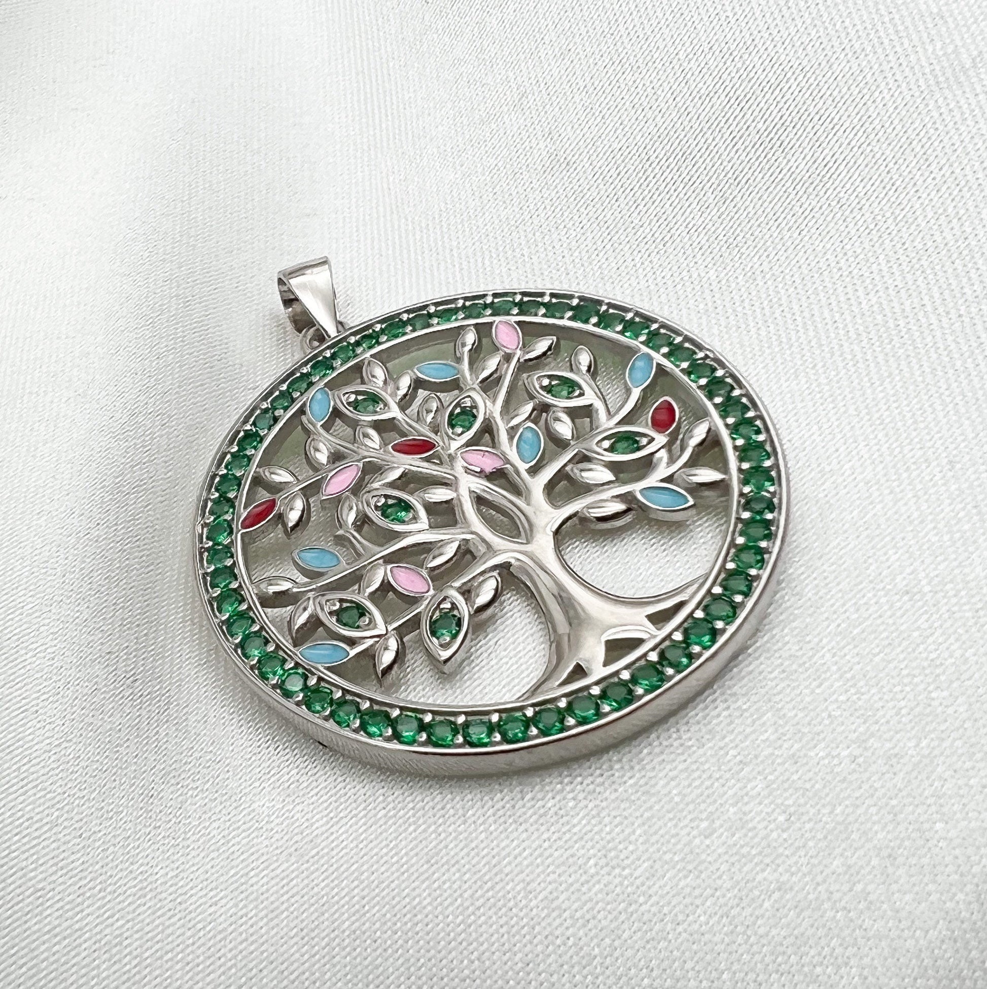 Colorful Tree of Life Pendant in Silver 925 with Zircons and Enamel
