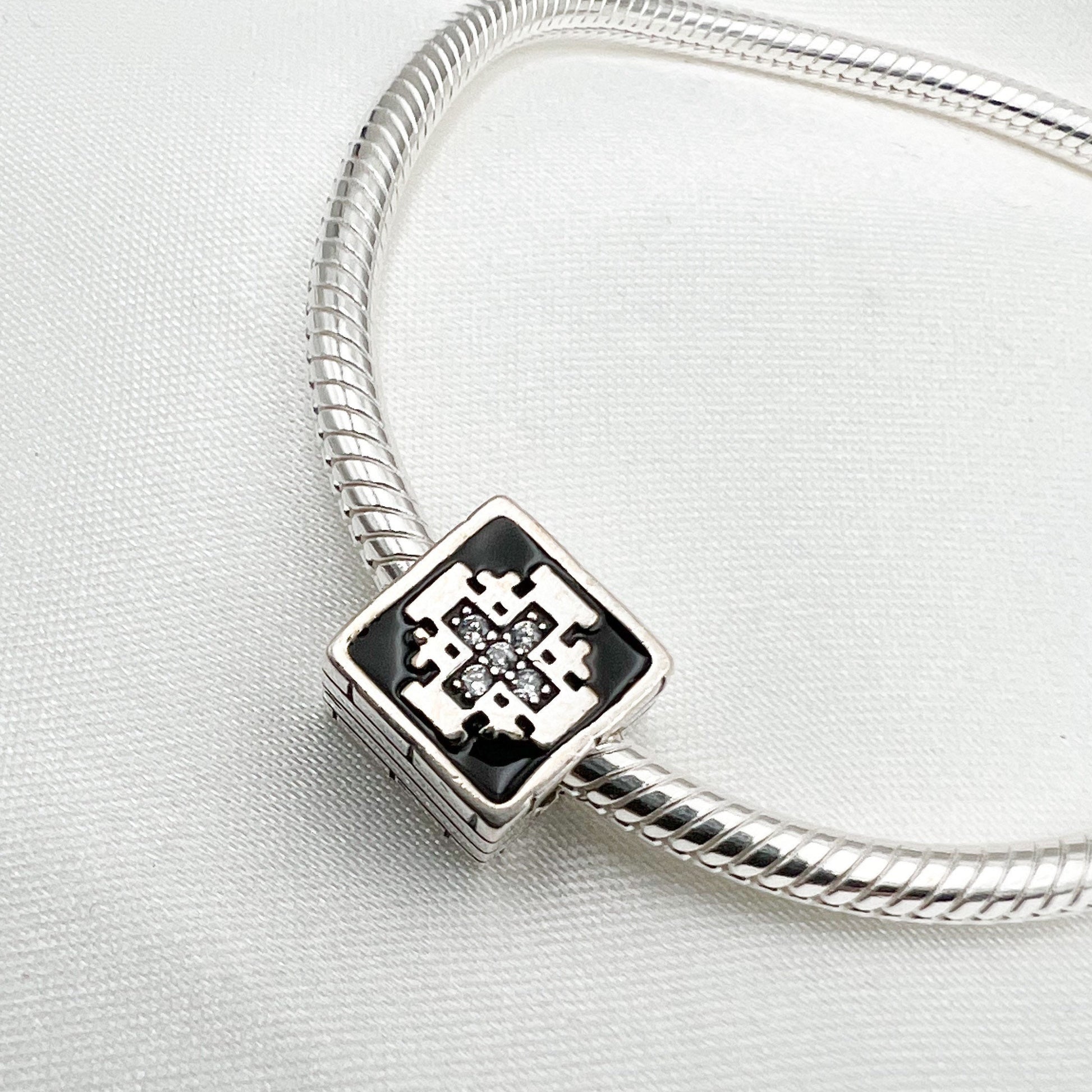 Jerusalem Cross Charm with Zirconia and Black Enamel for Pandora Bracelet