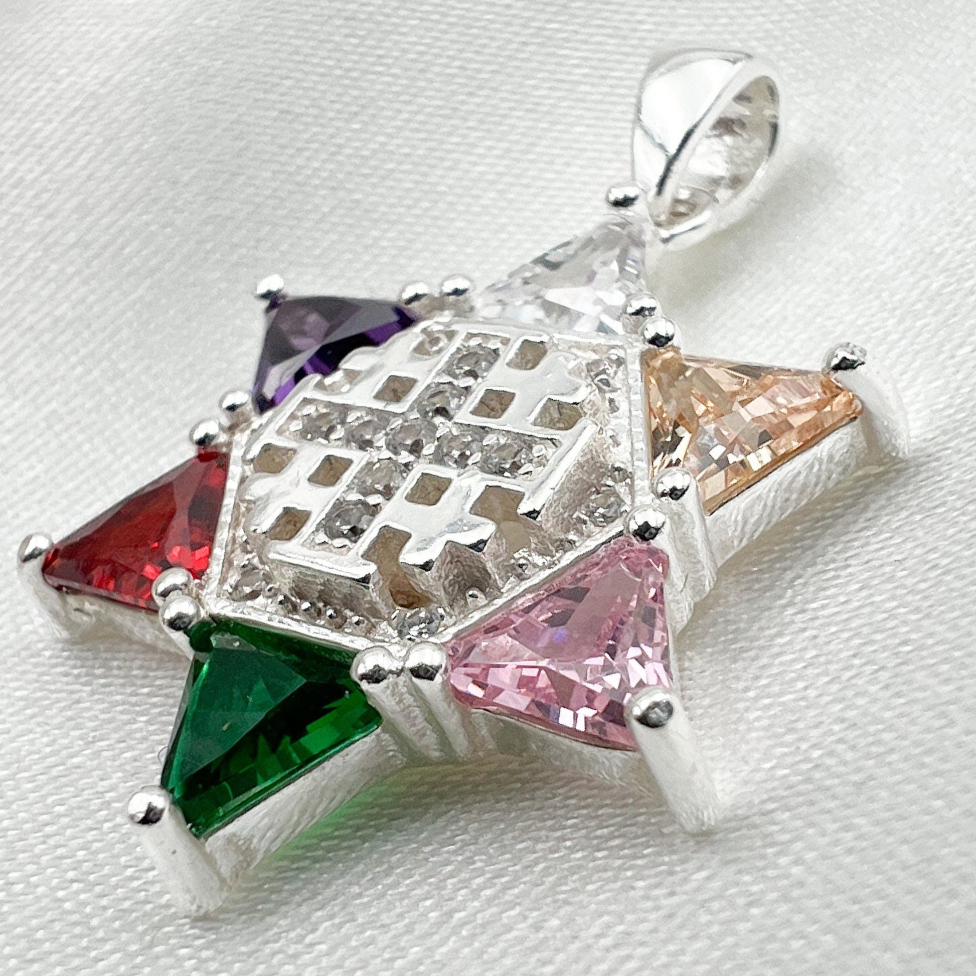 Colorful Gemstones David Star and Jerusalem Cross Pendant in Sterling Silver