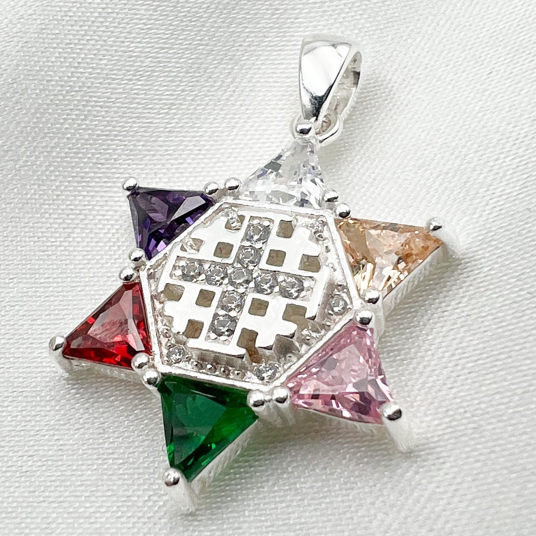 Colorful Gemstones David Star and Jerusalem Cross Pendant in Sterling Silver