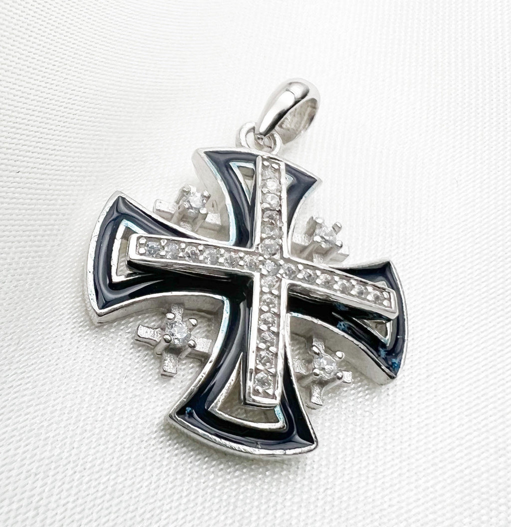 Jerusalem Cross Pendant with Zircons and Blue Enamel in Silver 925