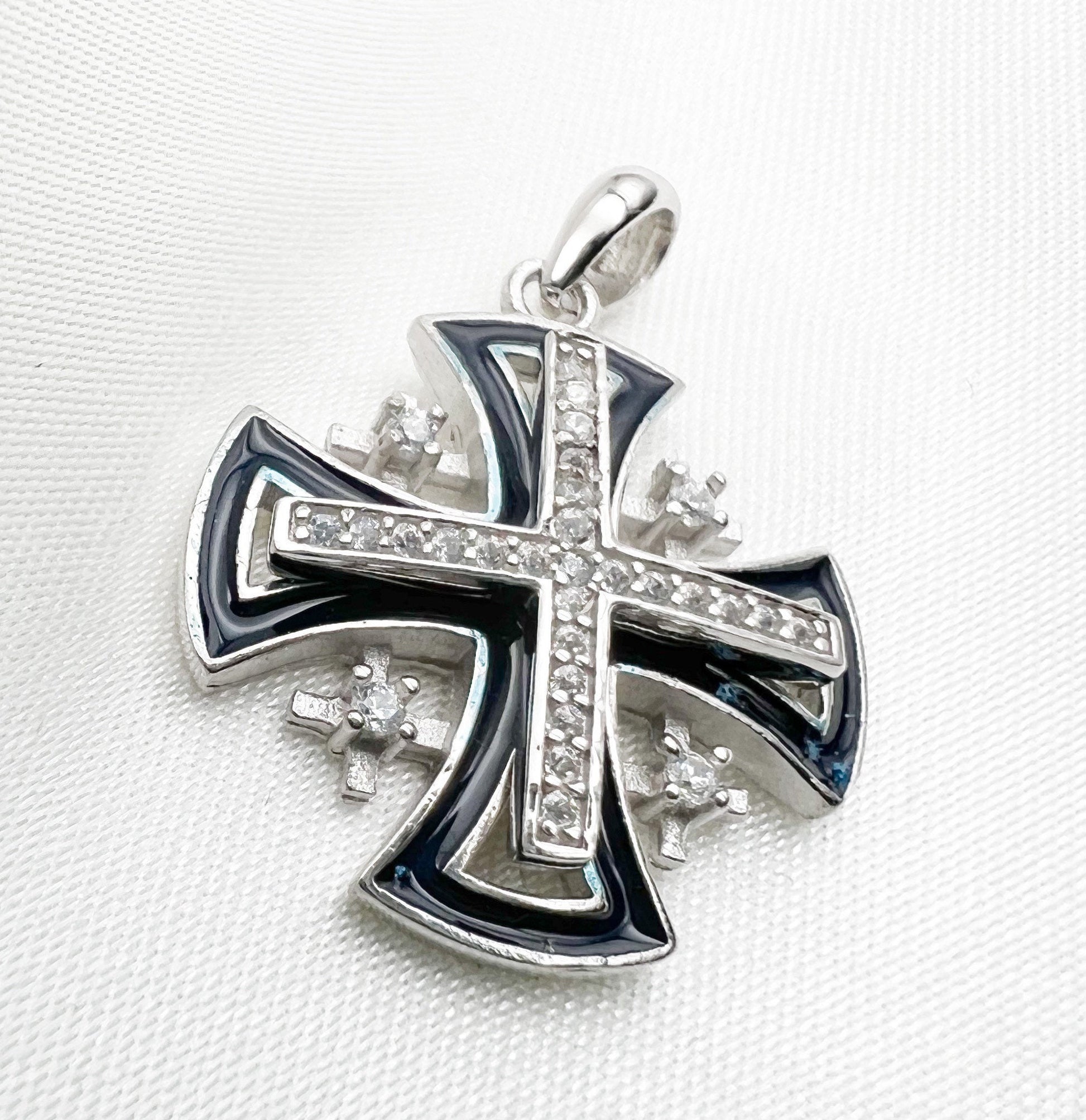 Jerusalem Cross Pendant with Zircons and Blue Enamel in Silver 925