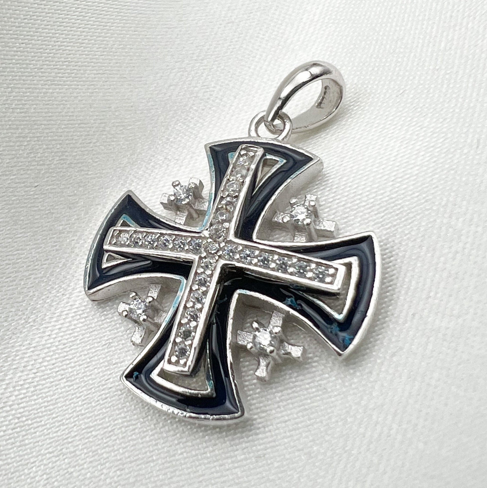 Jerusalem Cross Pendant with Zircons and Blue Enamel in Silver 925
