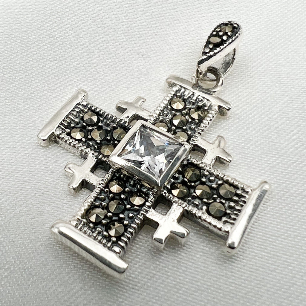 Jerusalem Cross Pendant with Zirconia and Marcasite Stones