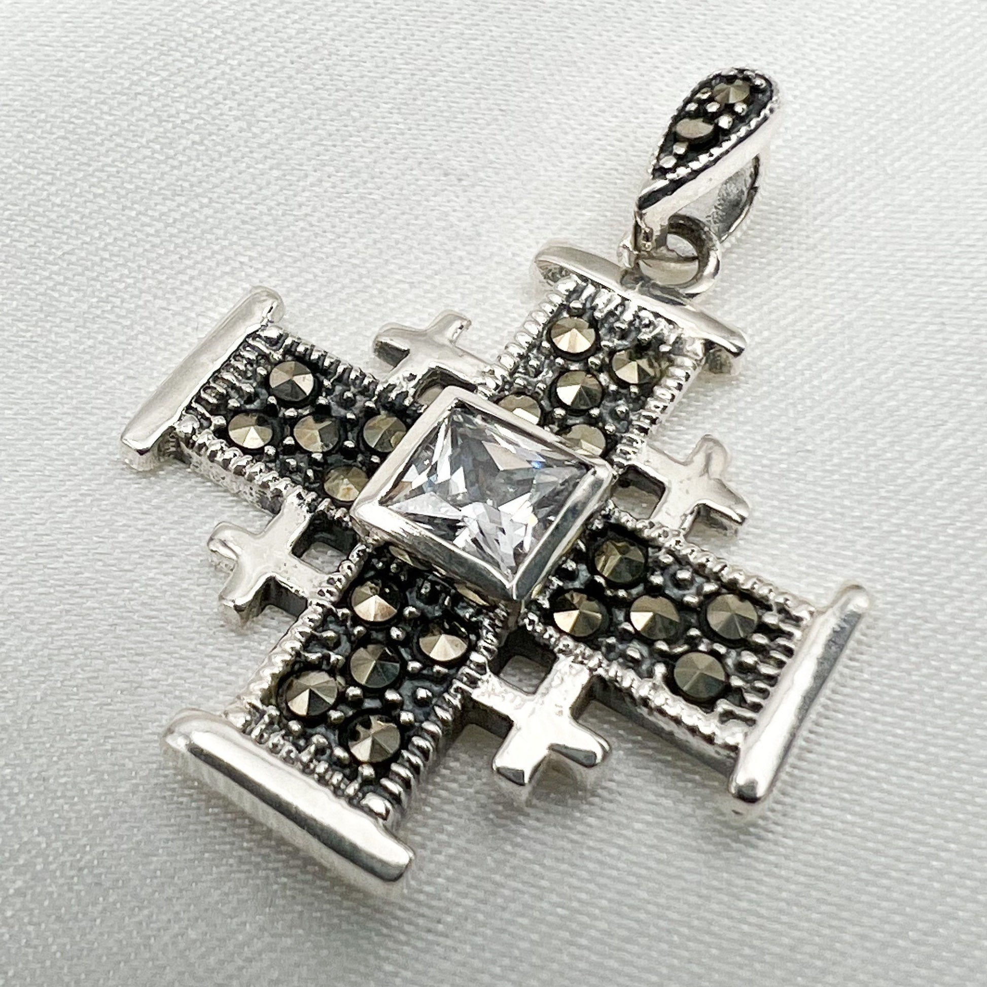 Jerusalem Cross Pendant with Zirconia and Marcasite Stones
