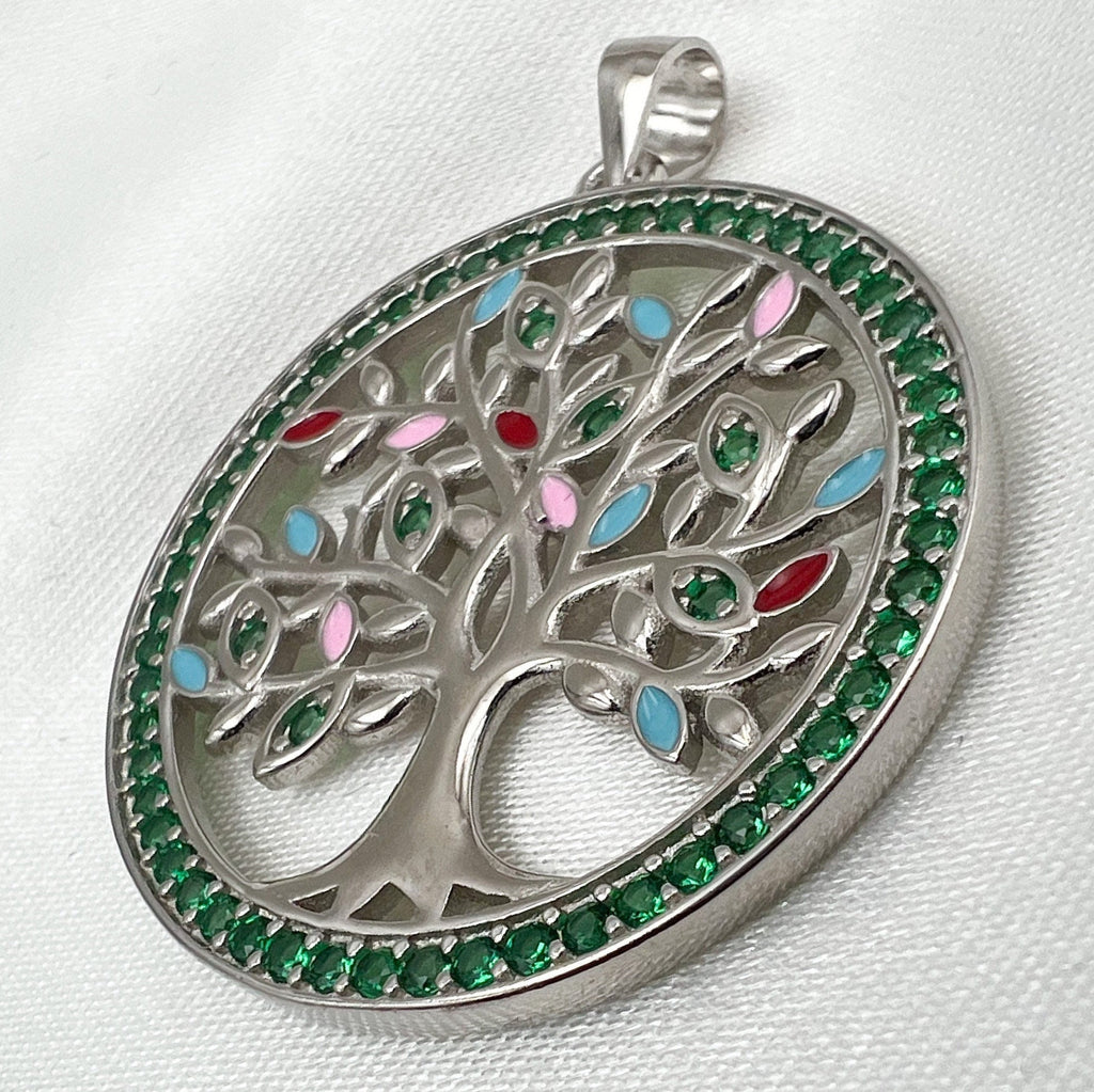 Colorful Tree of Life Pendant in Silver 925 with Zircons and Enamel
