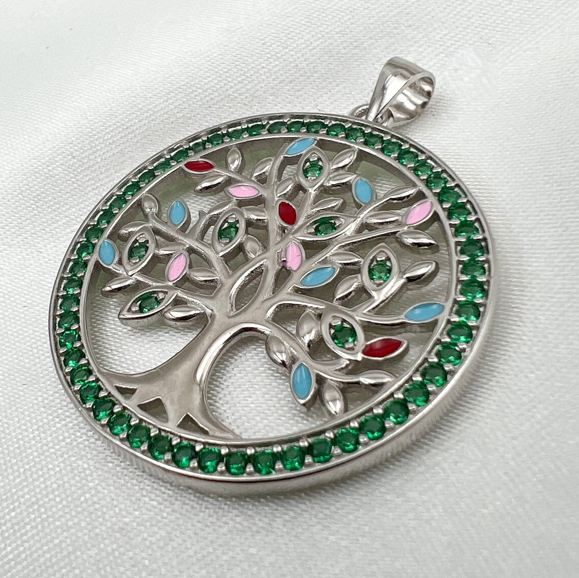 Colorful Tree of Life Pendant in Silver 925 with Zircons and Enamel