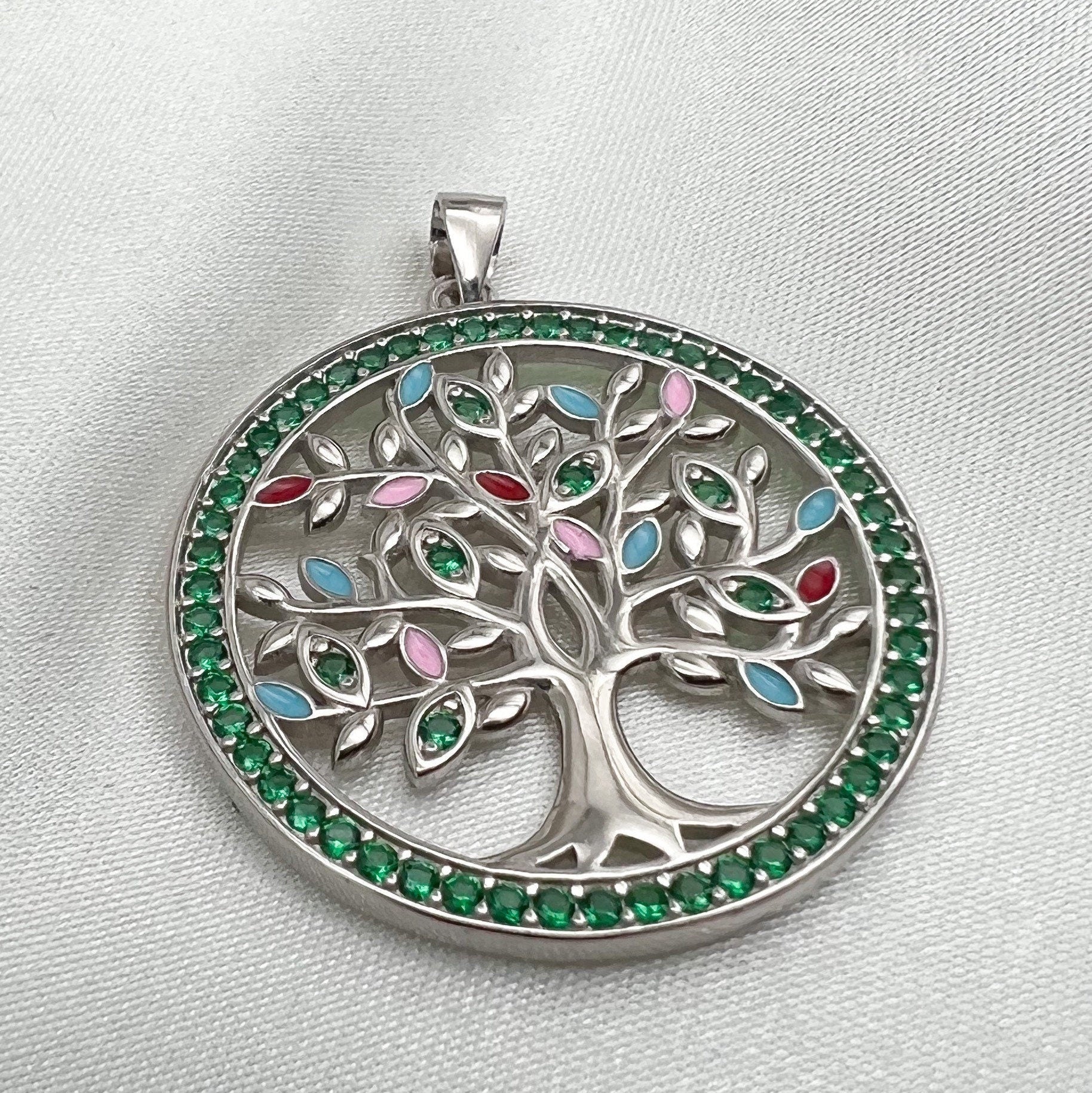 Colorful Tree of Life Pendant in Silver 925 with Zircons and Enamel