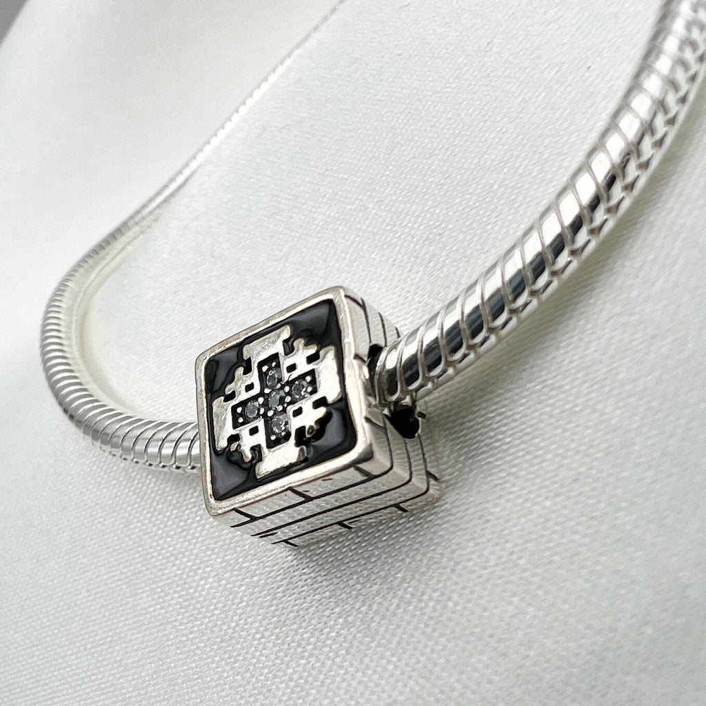 Jerusalem Cross Charm with Zirconia and Black Enamel for Pandora Bracelet