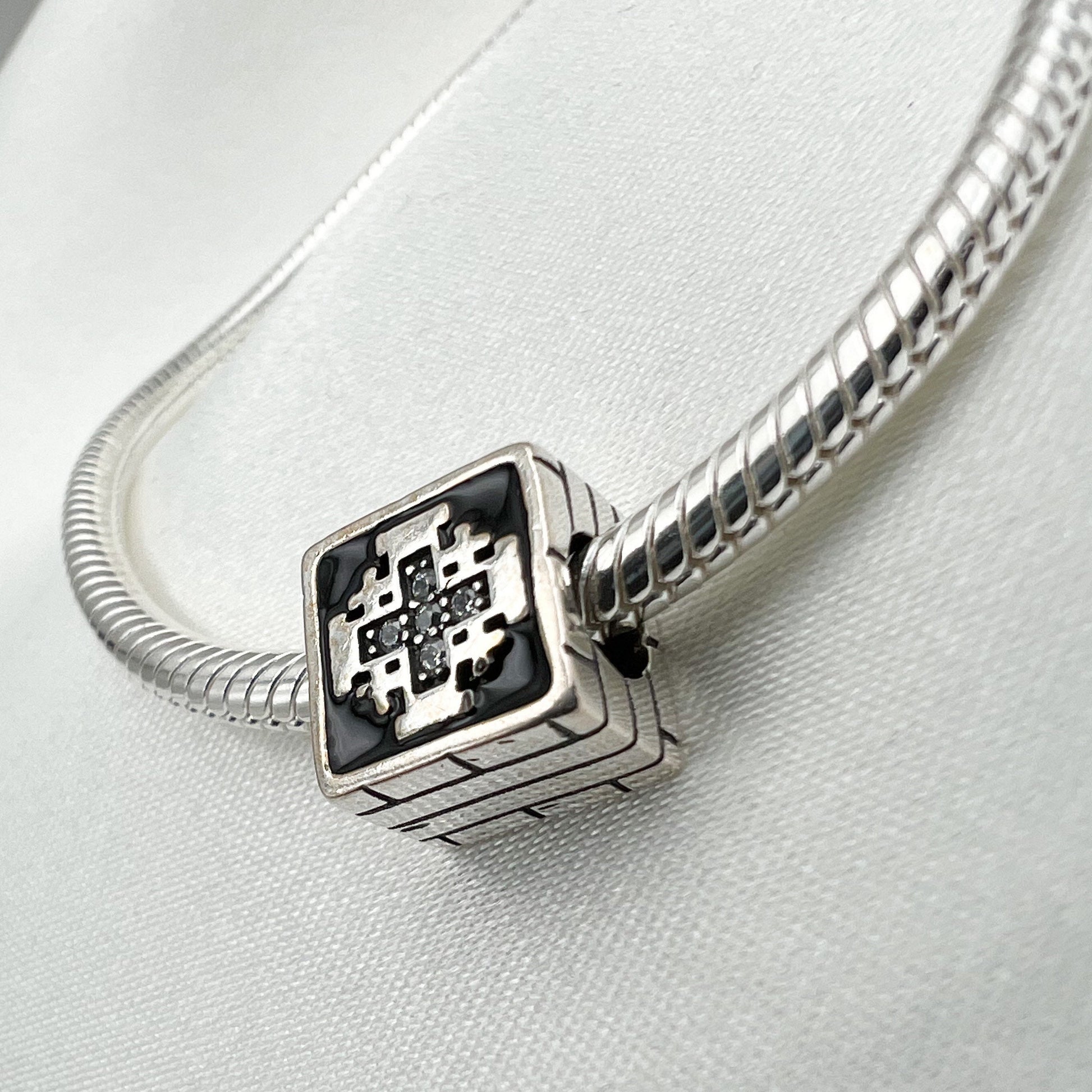 Jerusalem Cross Charm with Zirconia and Black Enamel for Pandora Bracelet