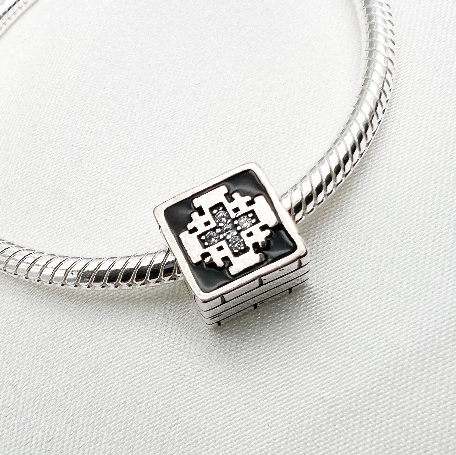 Jerusalem Cross Charm with Zirconia and Black Enamel for Pandora Bracelet