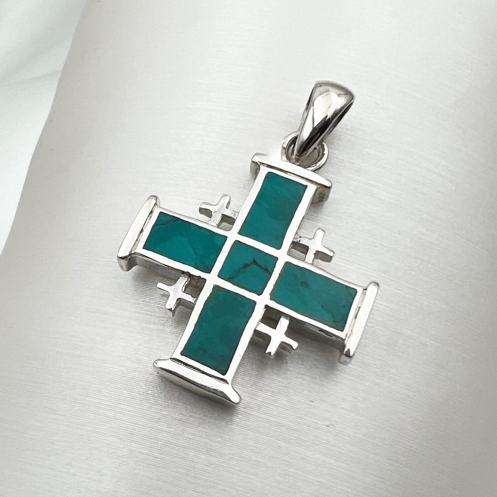 Eilat Stone Jerusalem Cross Pendant in Silver 925 with Matching Chain