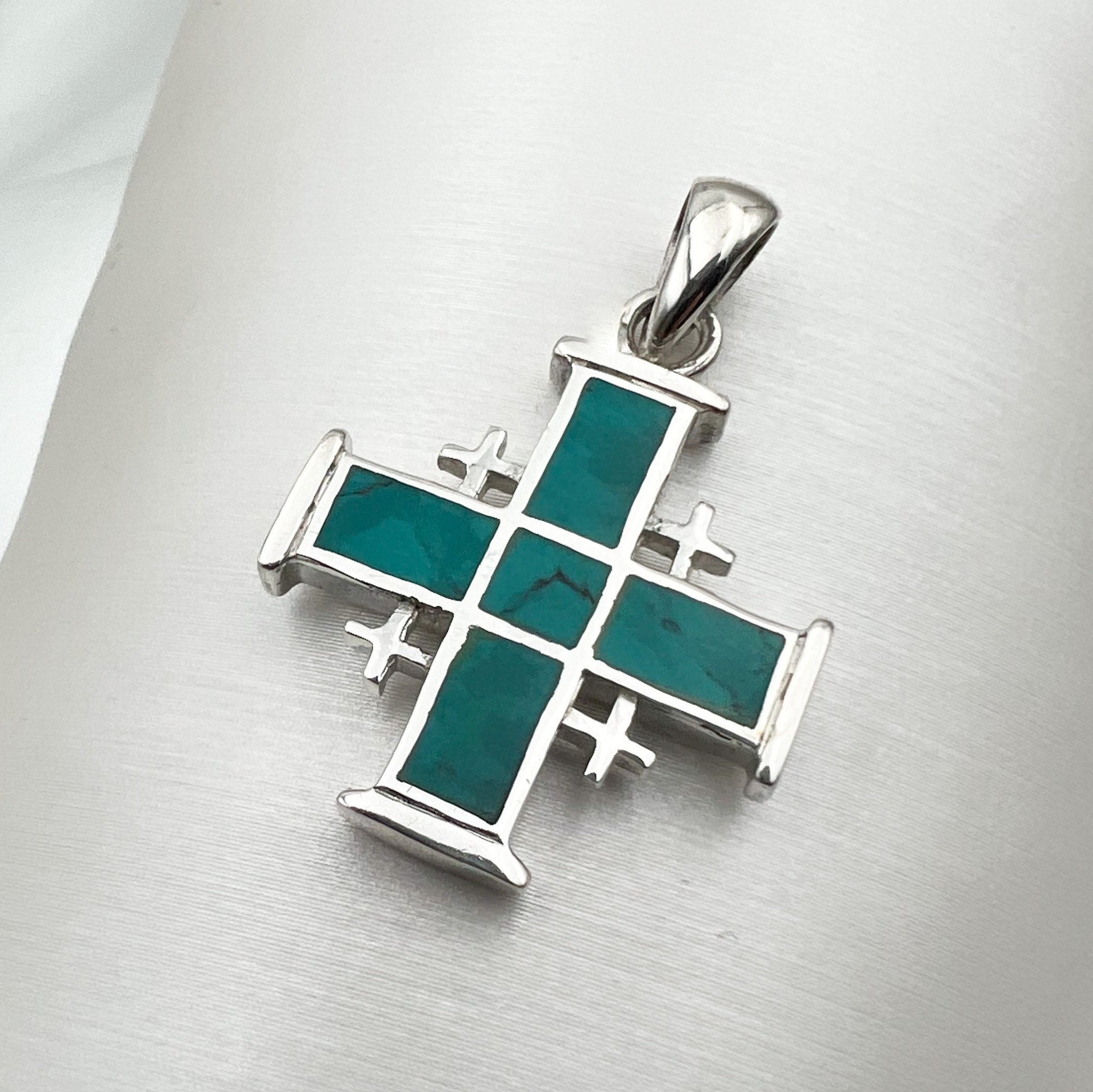 Eilat Stone Jerusalem Cross Pendant in Silver 925 with Matching Chain