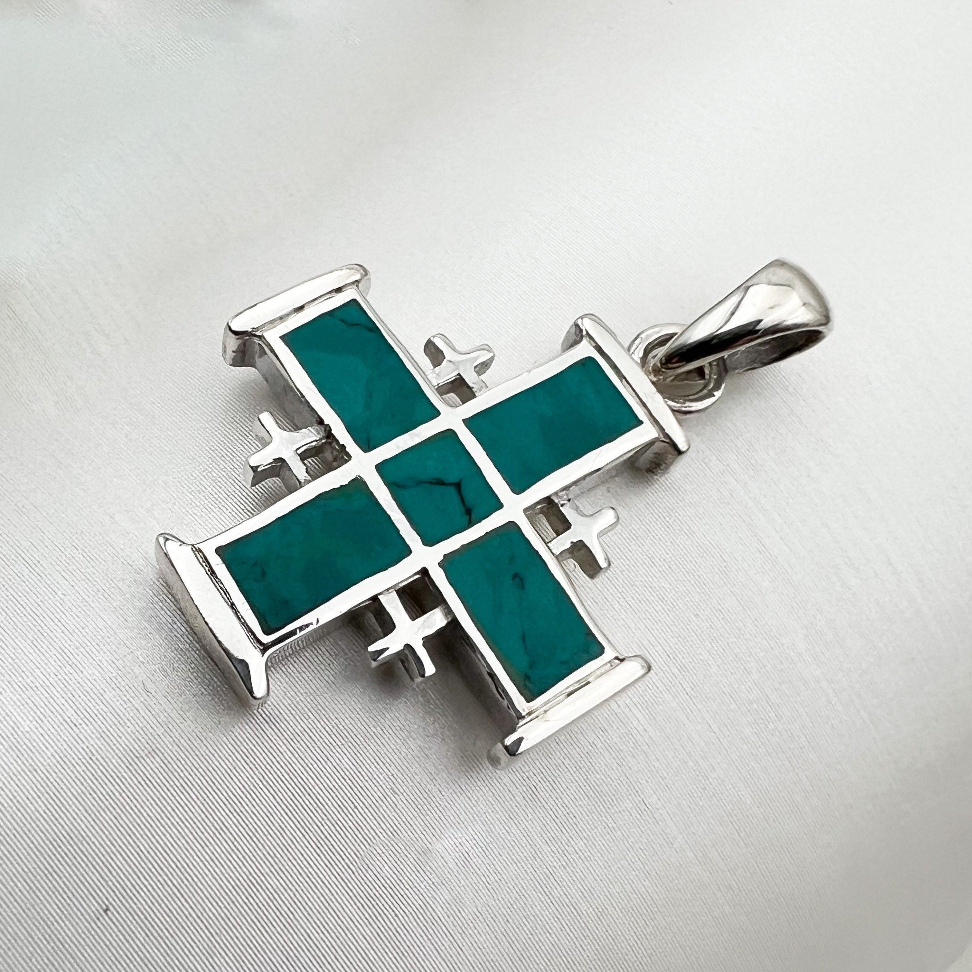 Eilat Stone Jerusalem Cross Pendant in Silver 925 with Matching Chain