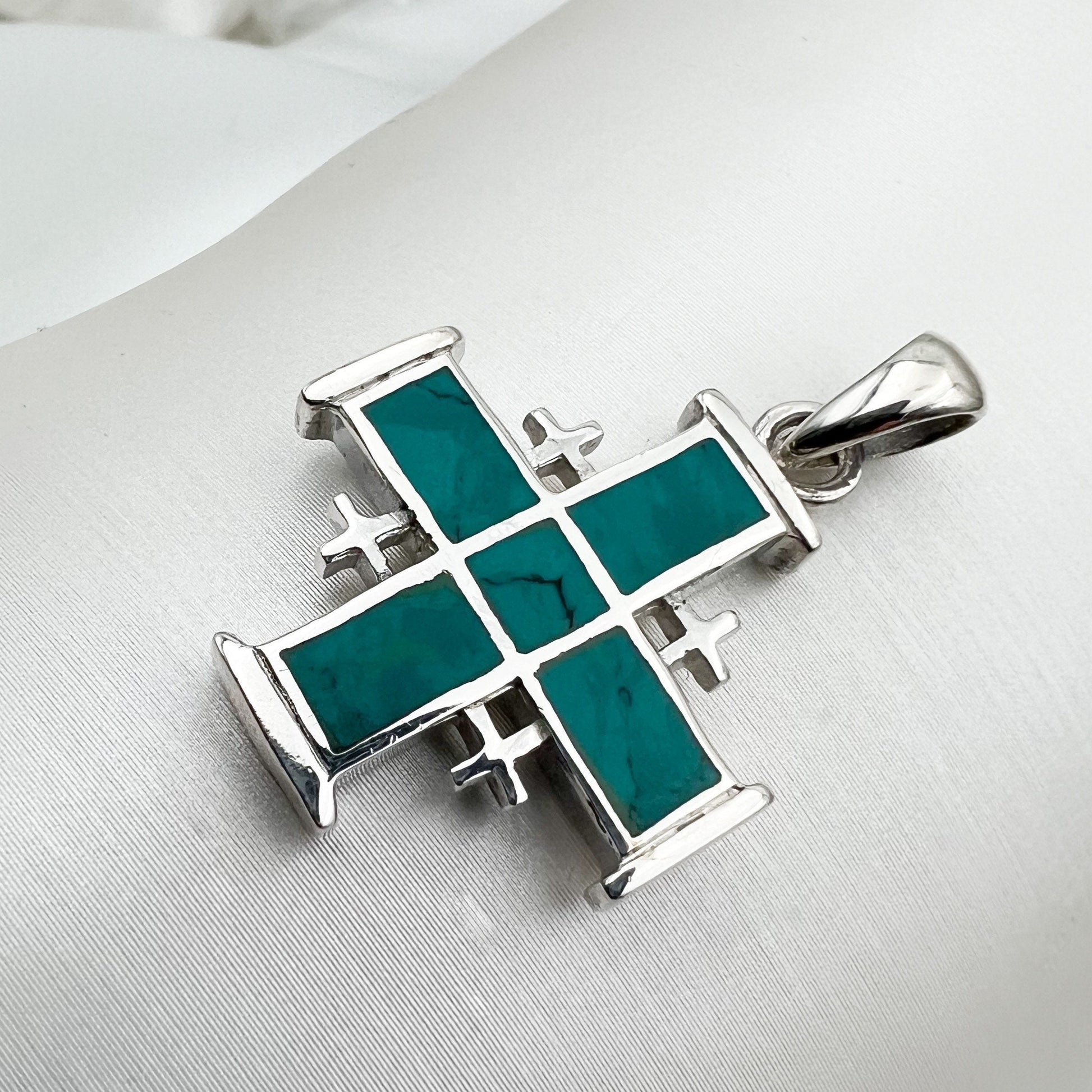 Eilat Stone Jerusalem Cross Pendant in Silver 925 with Matching Chain