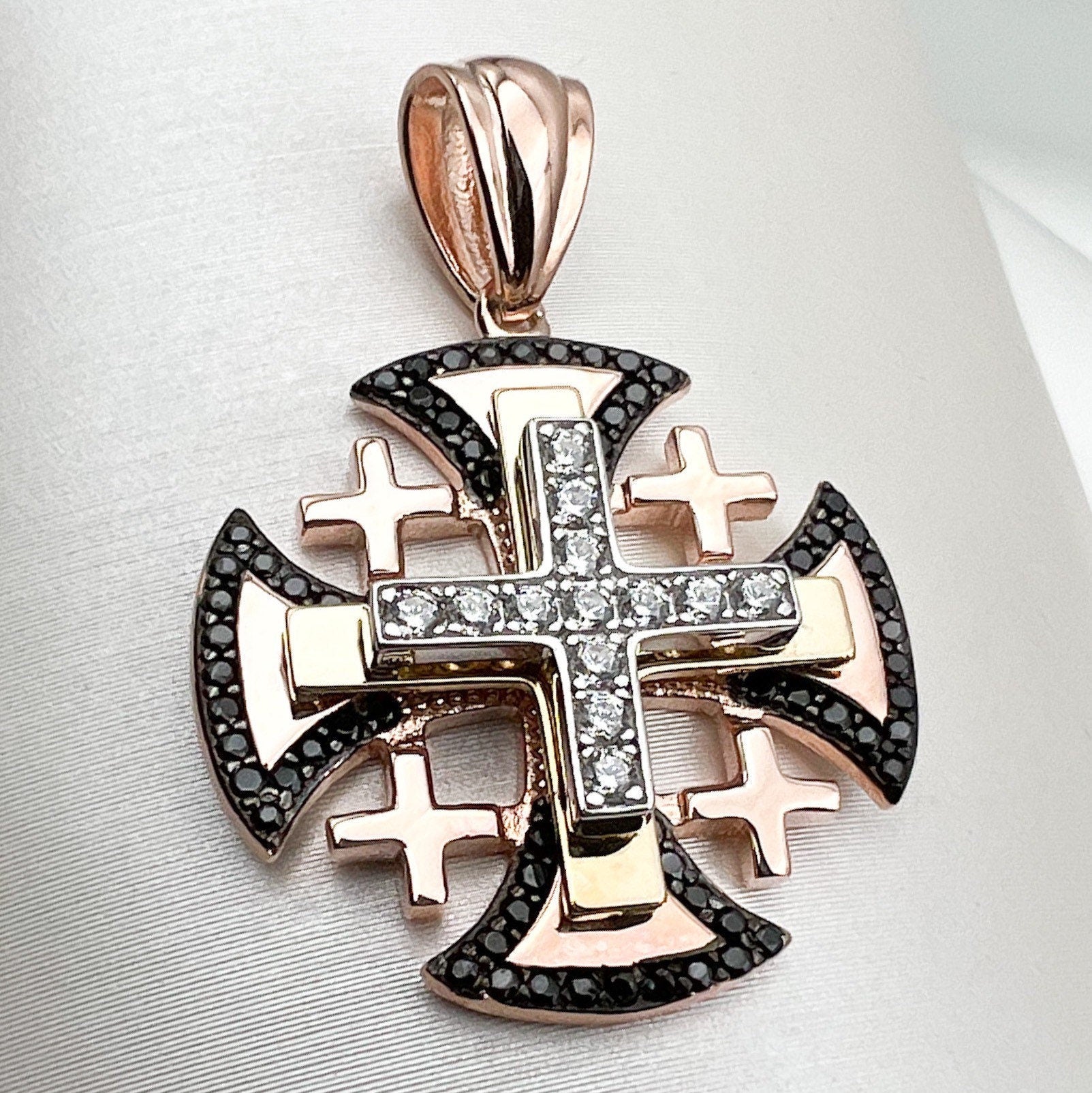 Elegant Rose Gold Jerusalem Cross Pendant with Zircons and Black Onyx