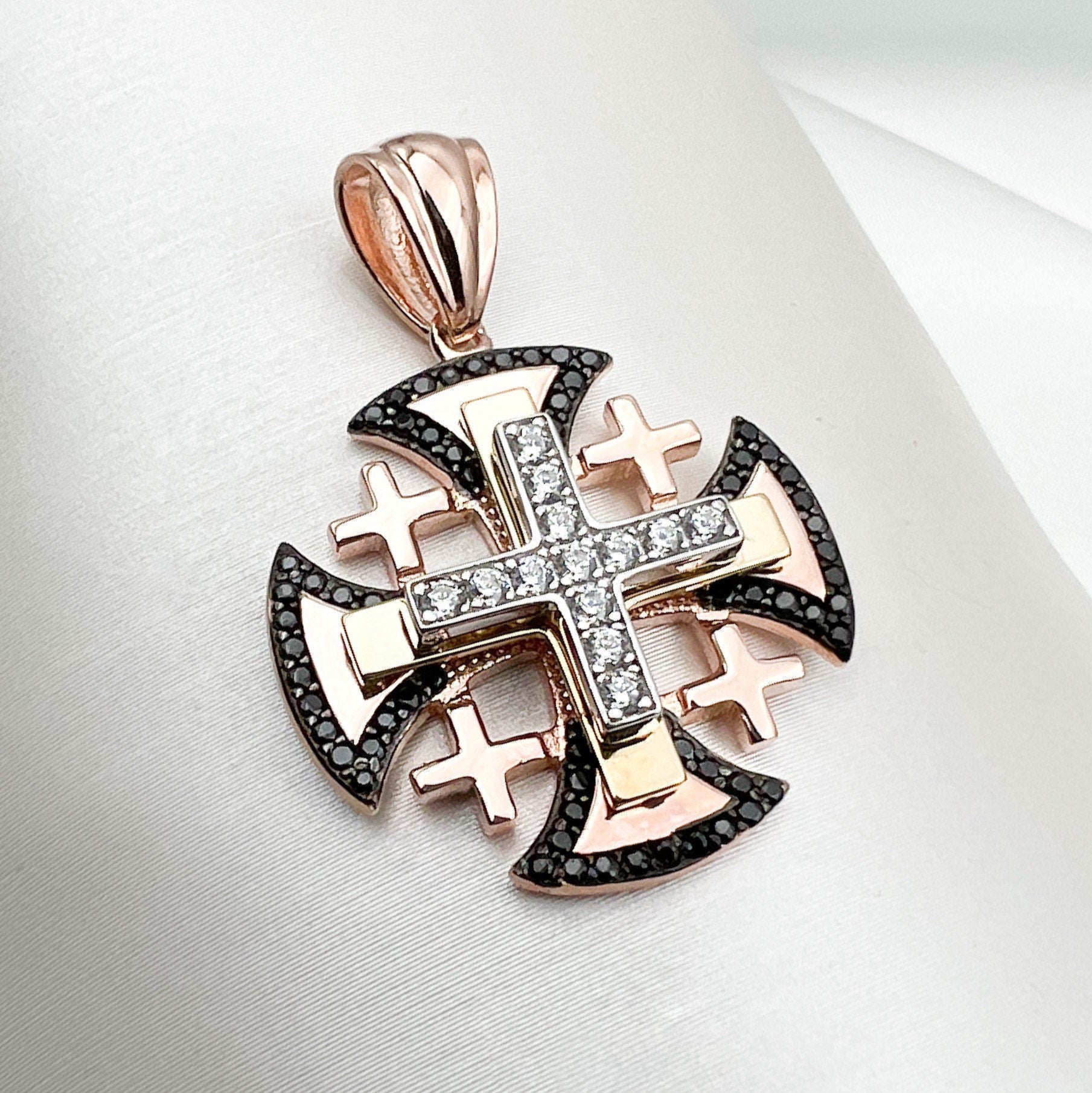 Elegant Rose Gold Jerusalem Cross Pendant with Zircons and Black Onyx