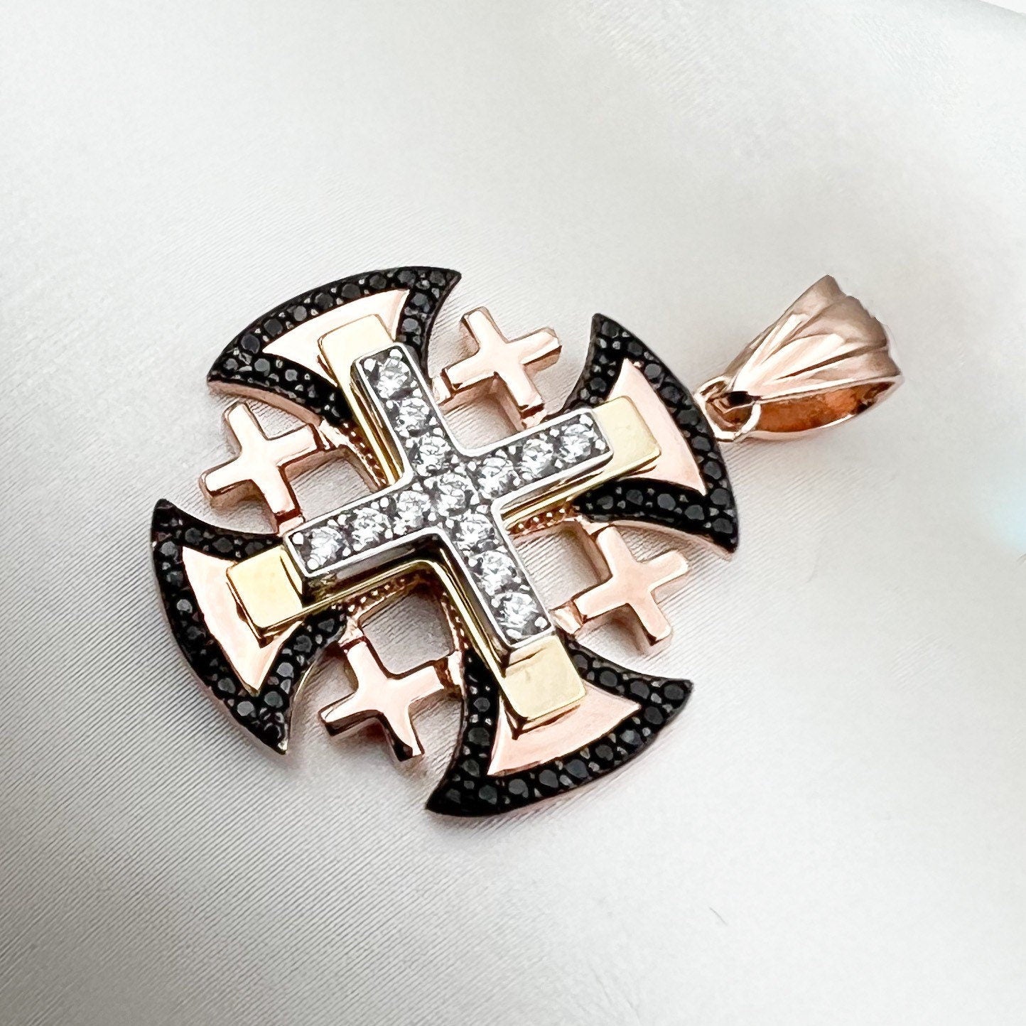 Elegant Rose Gold Jerusalem Cross Pendant with Zircons and Black Onyx