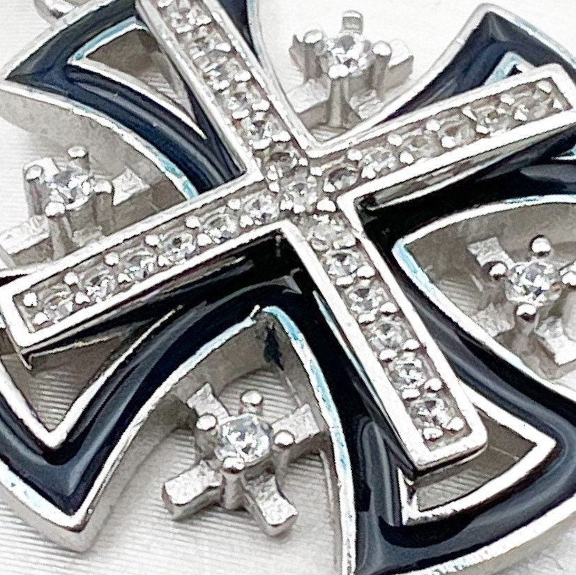 Jerusalem Cross Pendant with Zircons and Blue Enamel in Silver 925