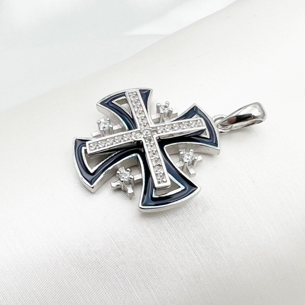 Jerusalem Cross Pendant with Zircons and Blue Enamel in Silver 925