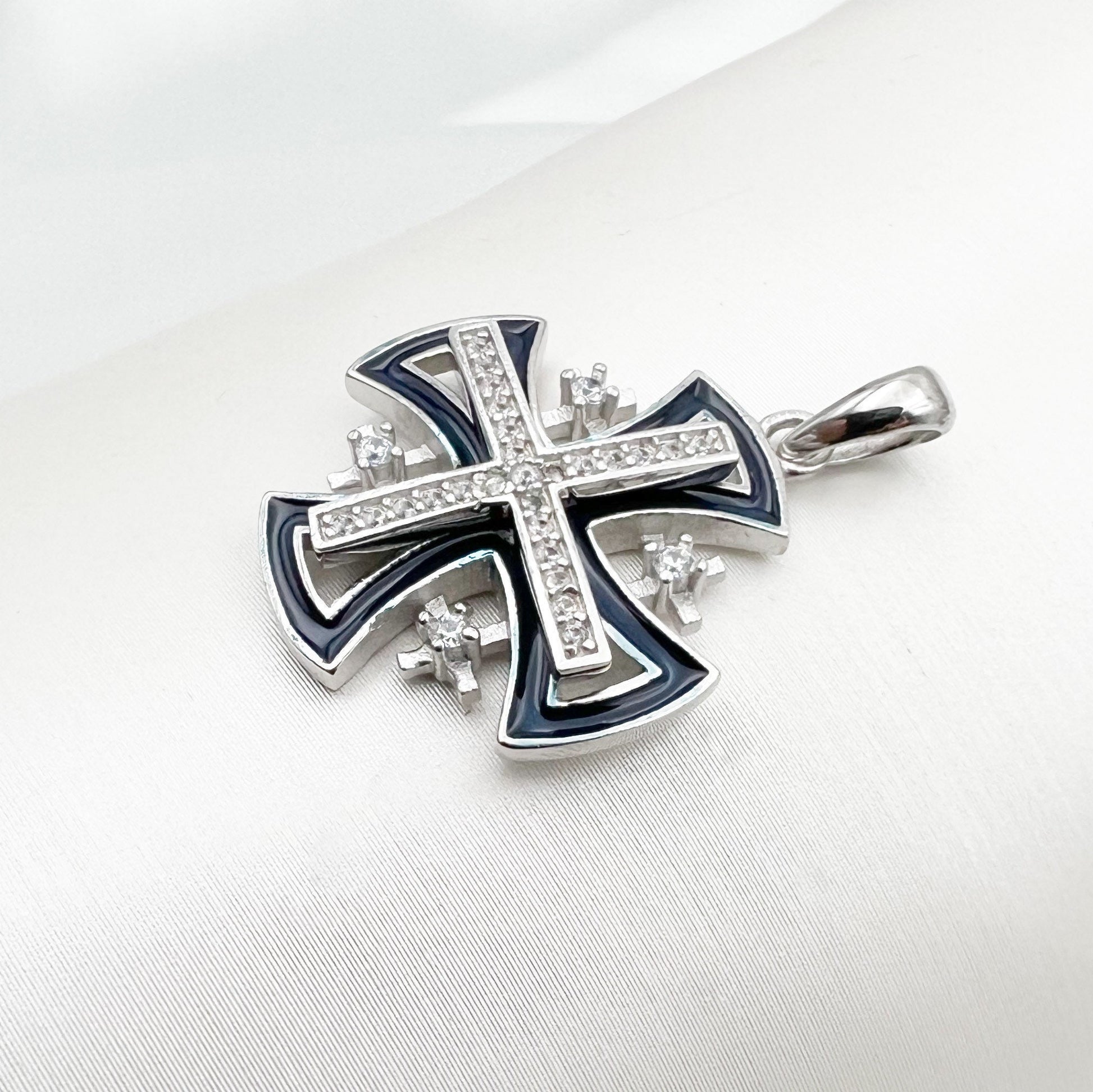 Jerusalem Cross Pendant with Zircons and Blue Enamel in Silver 925