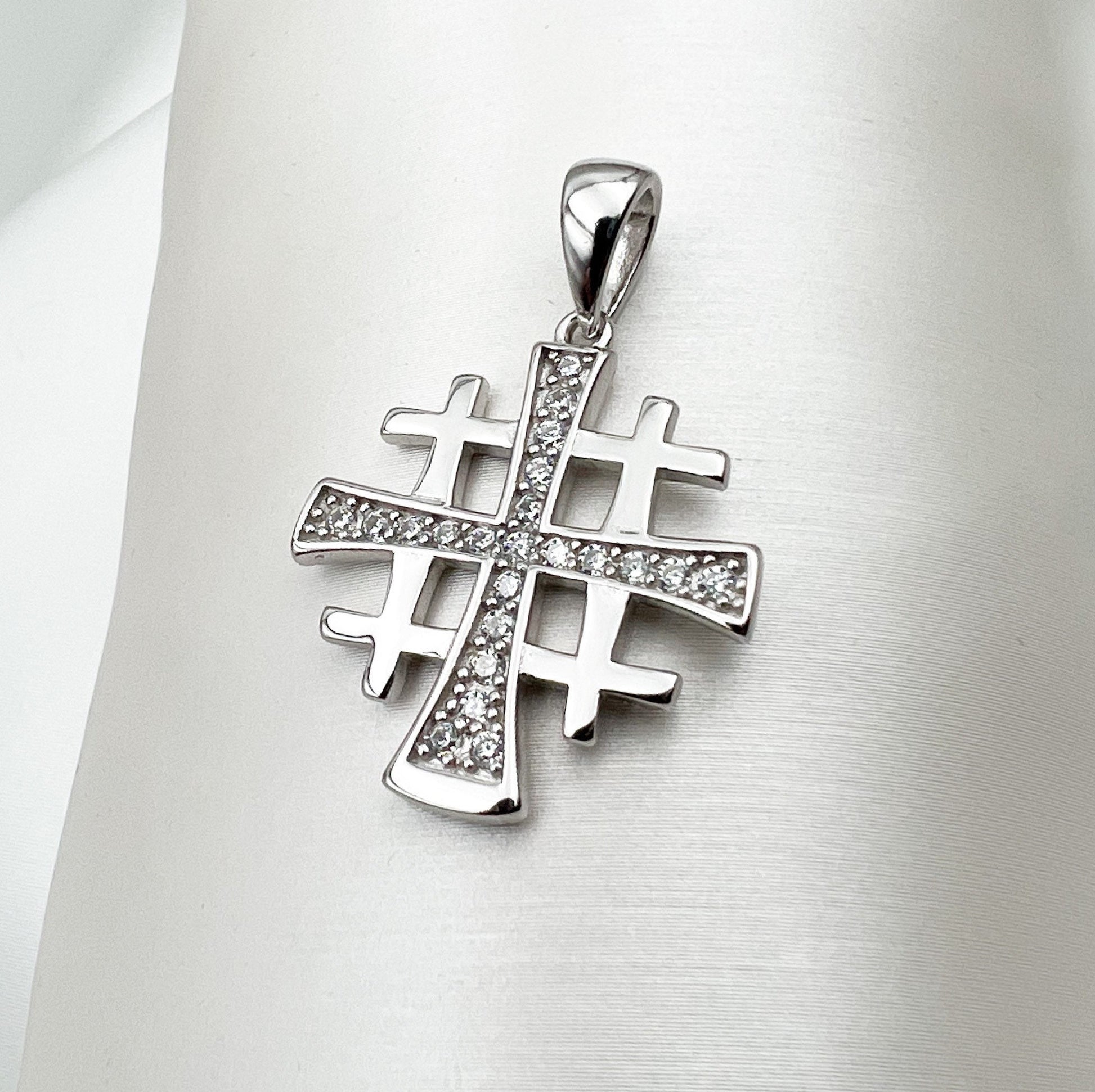 Jerusalem Cross Pendant with White Zircons in Silver 925
