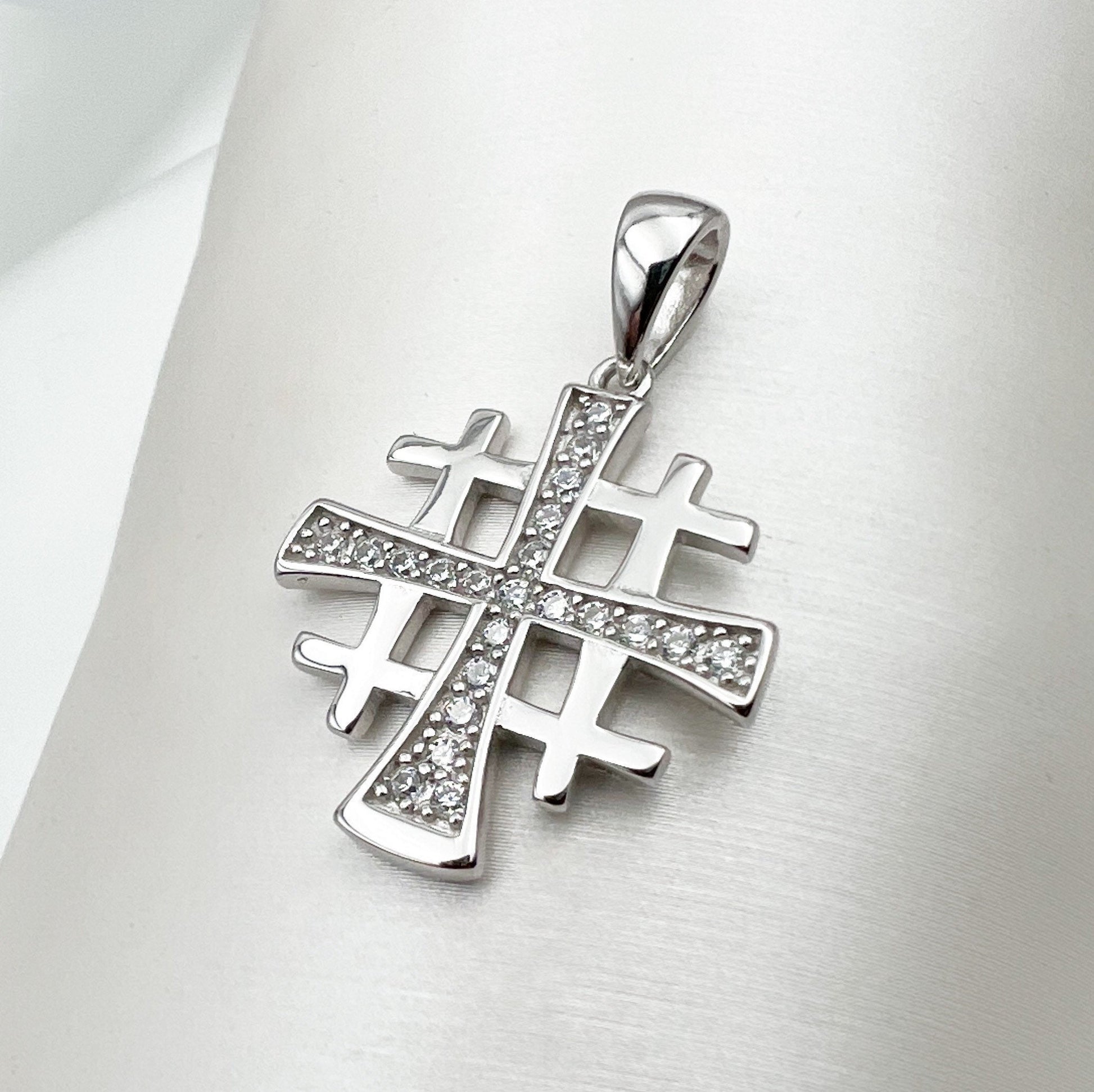 Jerusalem Cross Pendant with White Zircons in Silver 925