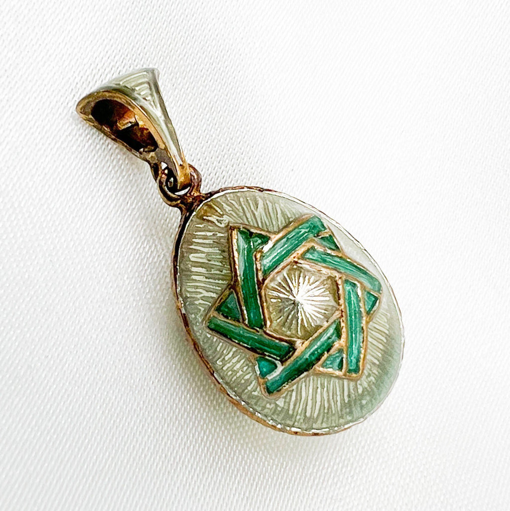 Handmade Gold Tone Green Blessing Egg Pendant with Star of David from Jerusalem