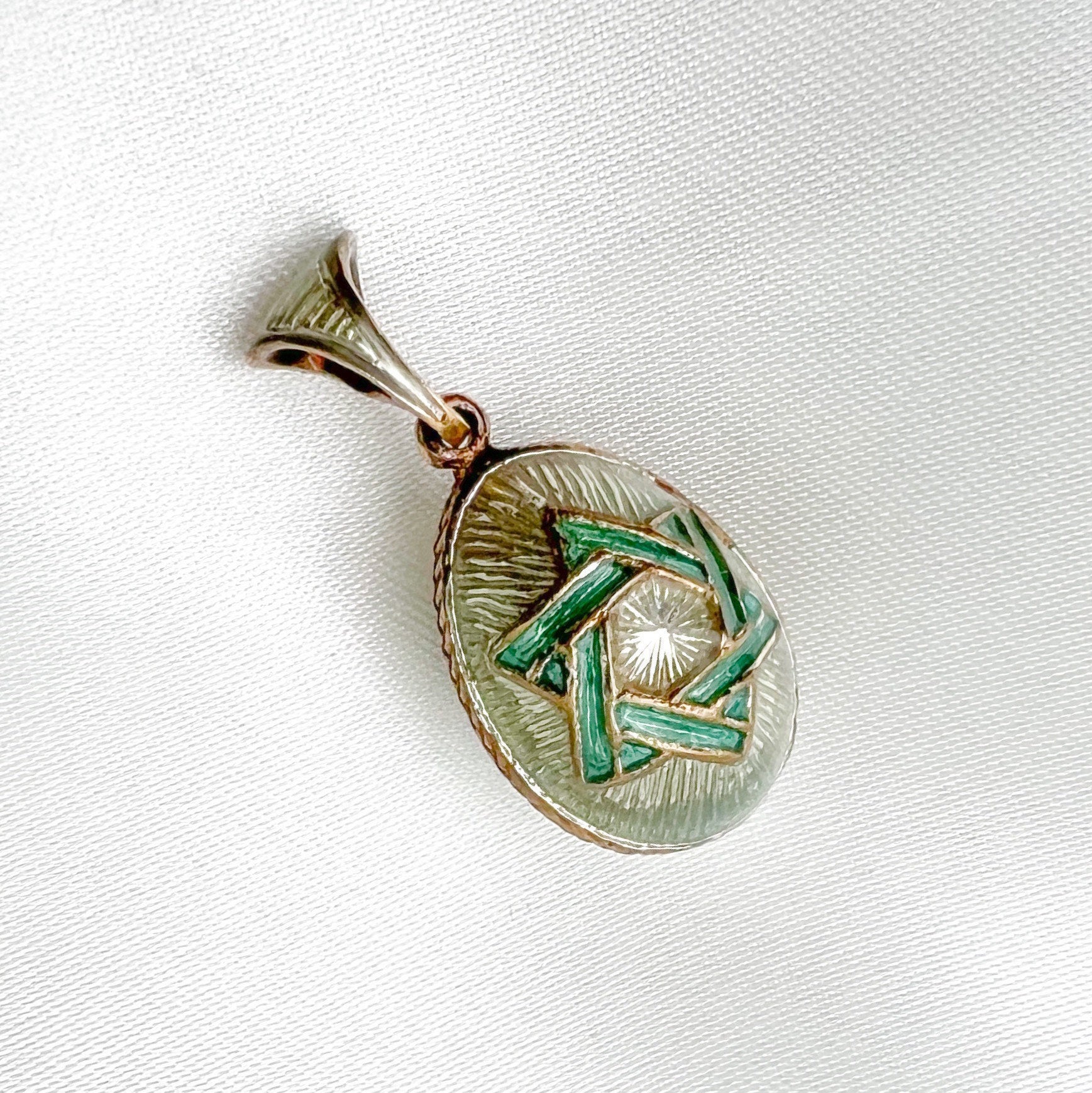 Handmade Gold Tone Green Blessing Egg Pendant with Star of David from Jerusalem