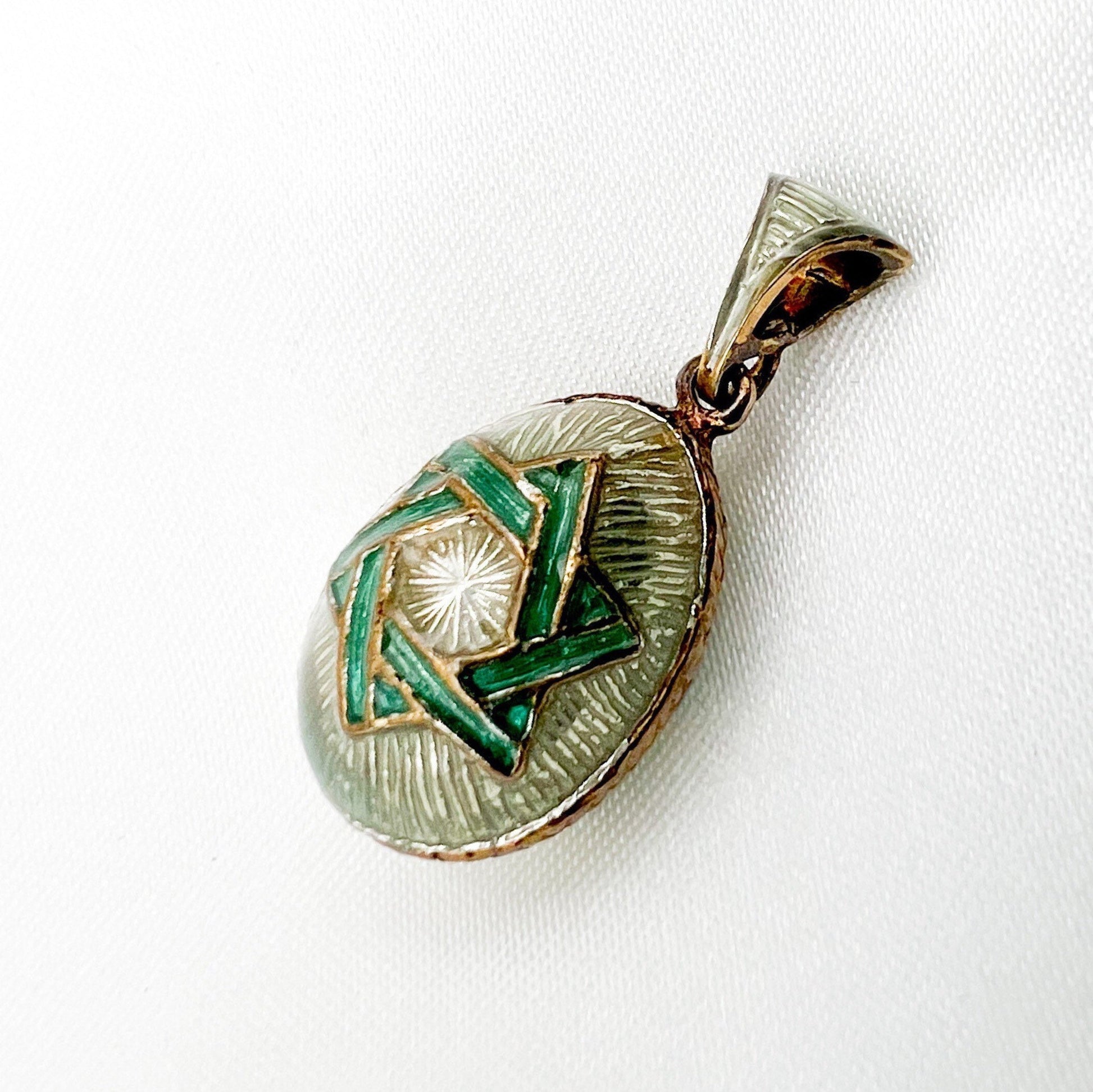Handmade Gold Tone Green Blessing Egg Pendant with Star of David from Jerusalem