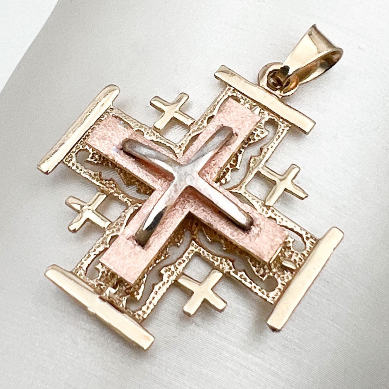 Three-Tone 14k Gold Jerusalem Cross Pendant with Yellow, White and Rose Gold