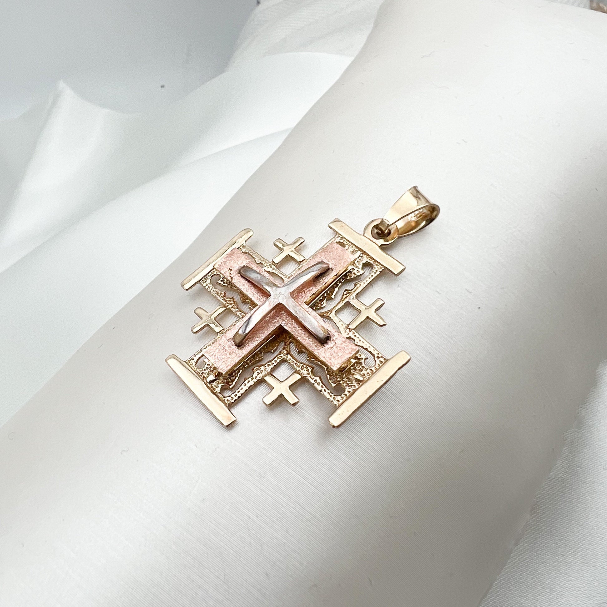 Three-Tone 14k Gold Jerusalem Cross Pendant with Yellow, White and Rose Gold