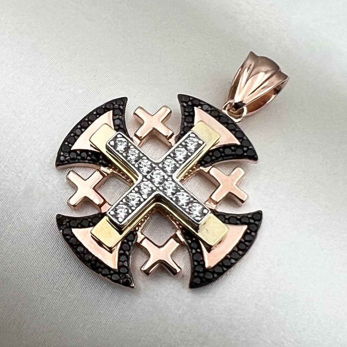 Elegant Rose Gold Jerusalem Cross Pendant with Zircons and Black Onyx