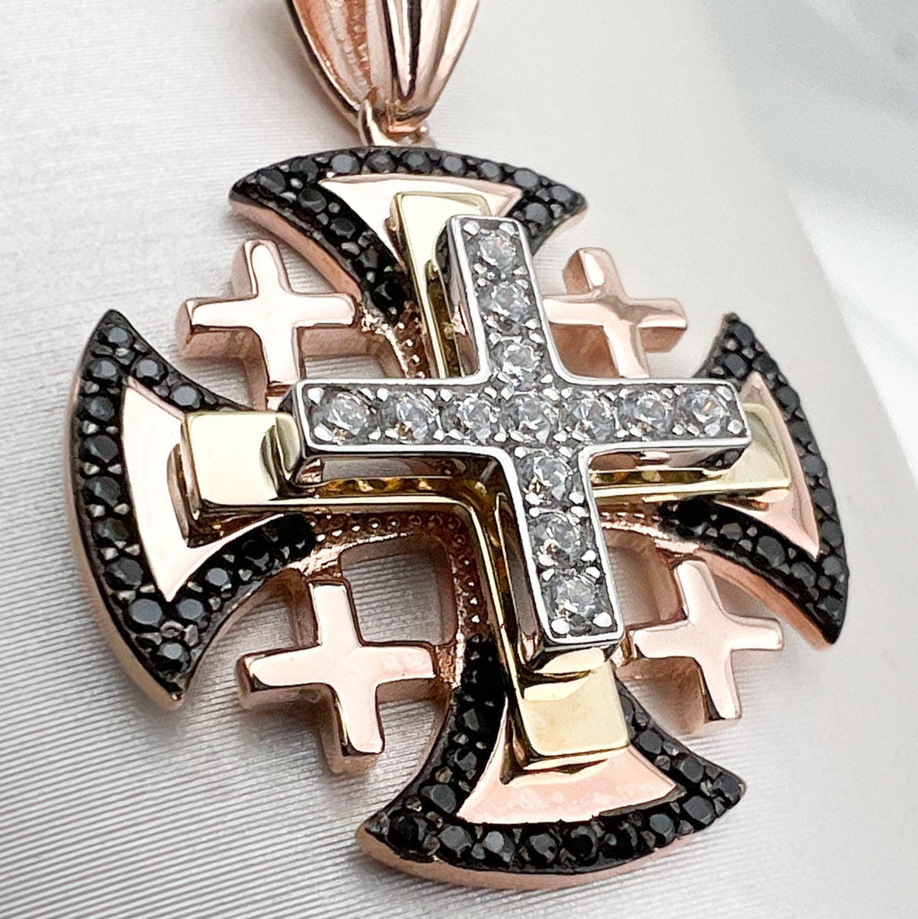 Elegant Rose Gold Jerusalem Cross Pendant with Zircons and Black Onyx