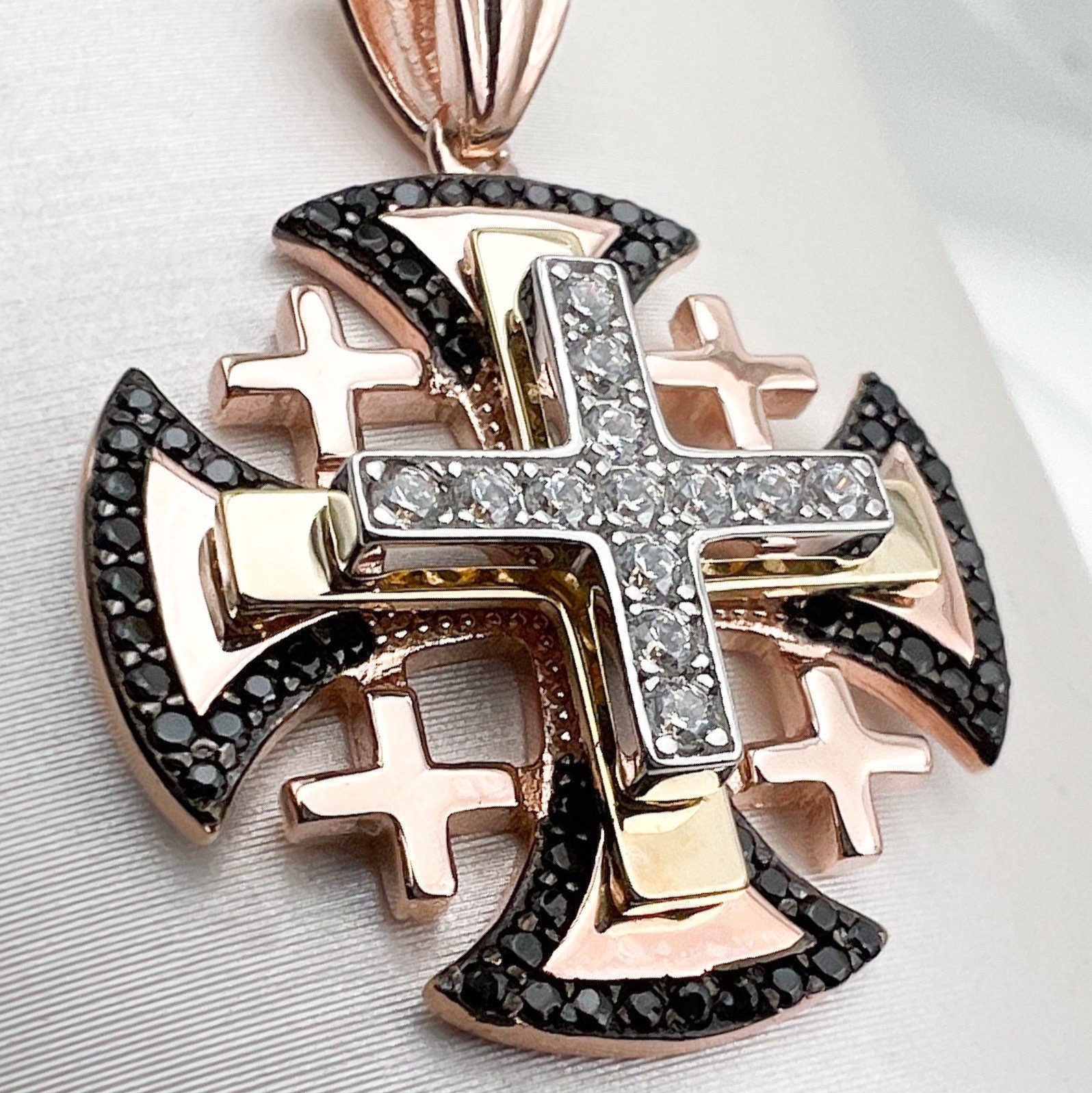 Elegant Rose Gold Jerusalem Cross Pendant with Zircons and Black Onyx